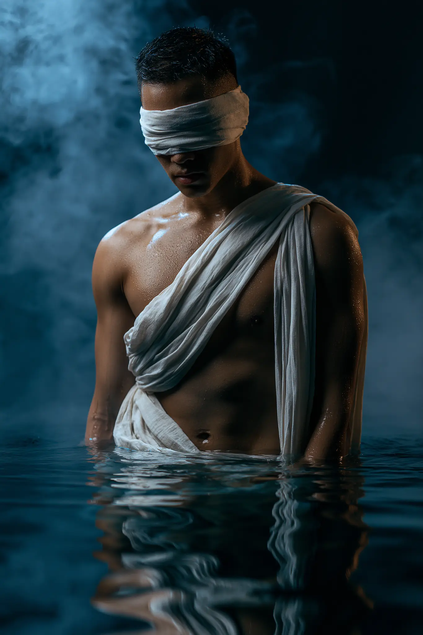 Mann mit verbundenen Augen im Wasser — Zweifel und Stille