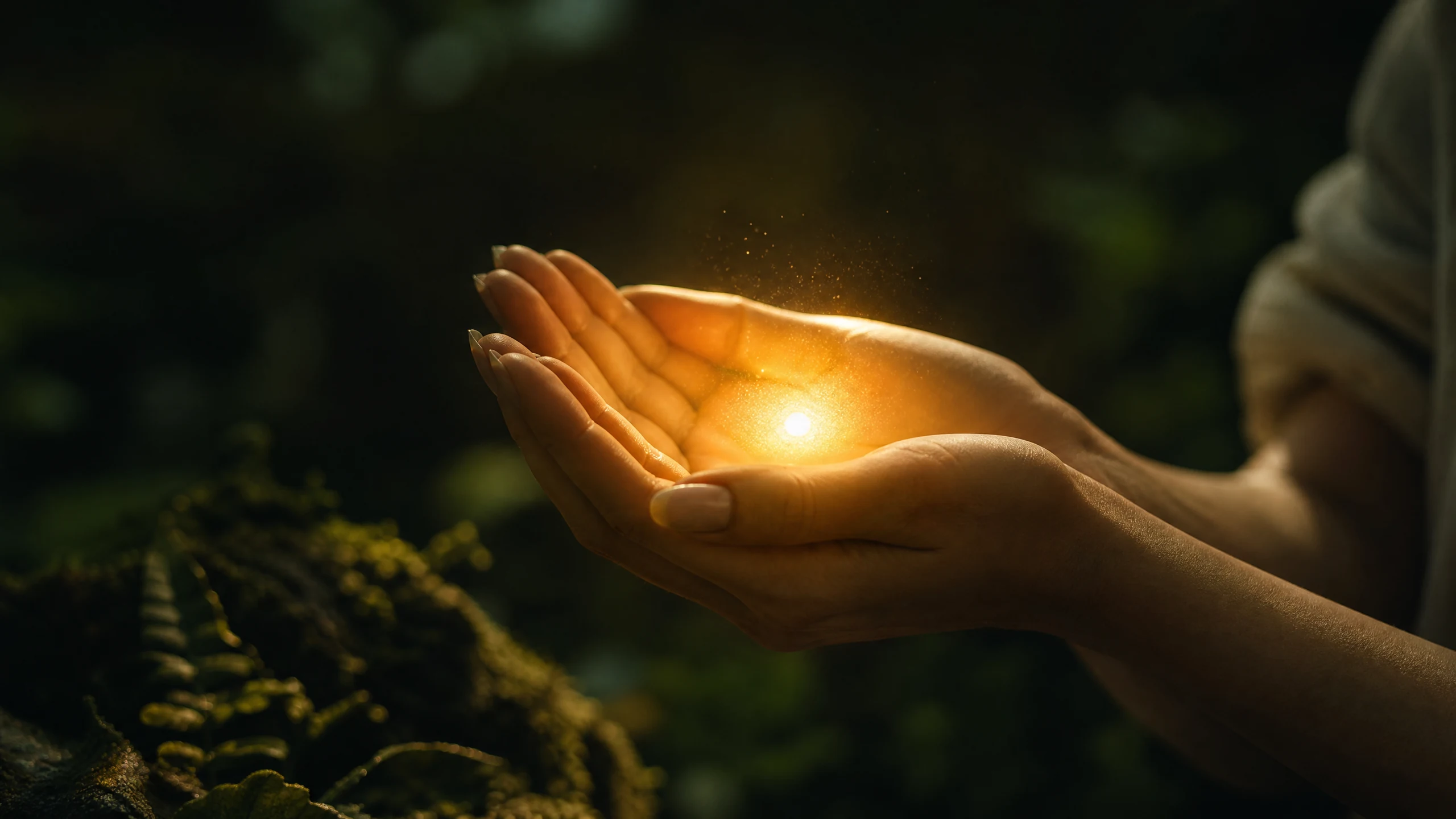 Hände halten goldenes Licht im dunklen Wald — Symbol für Heilung und Erneuerung
