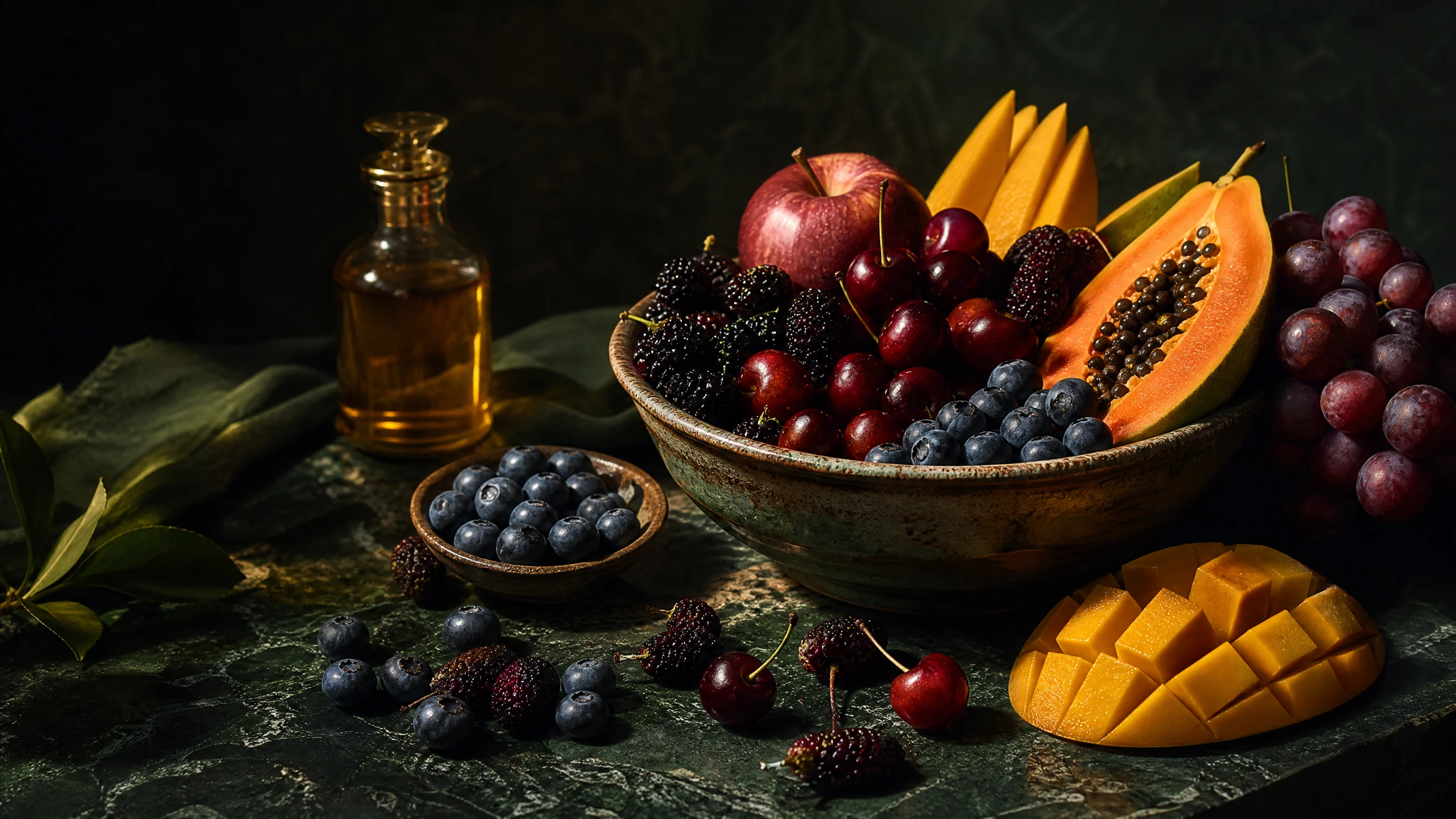 Dramatisches Stillleben mit Beeren, Mango, Papaya und Kirschen — Antioxidantien aus Obst