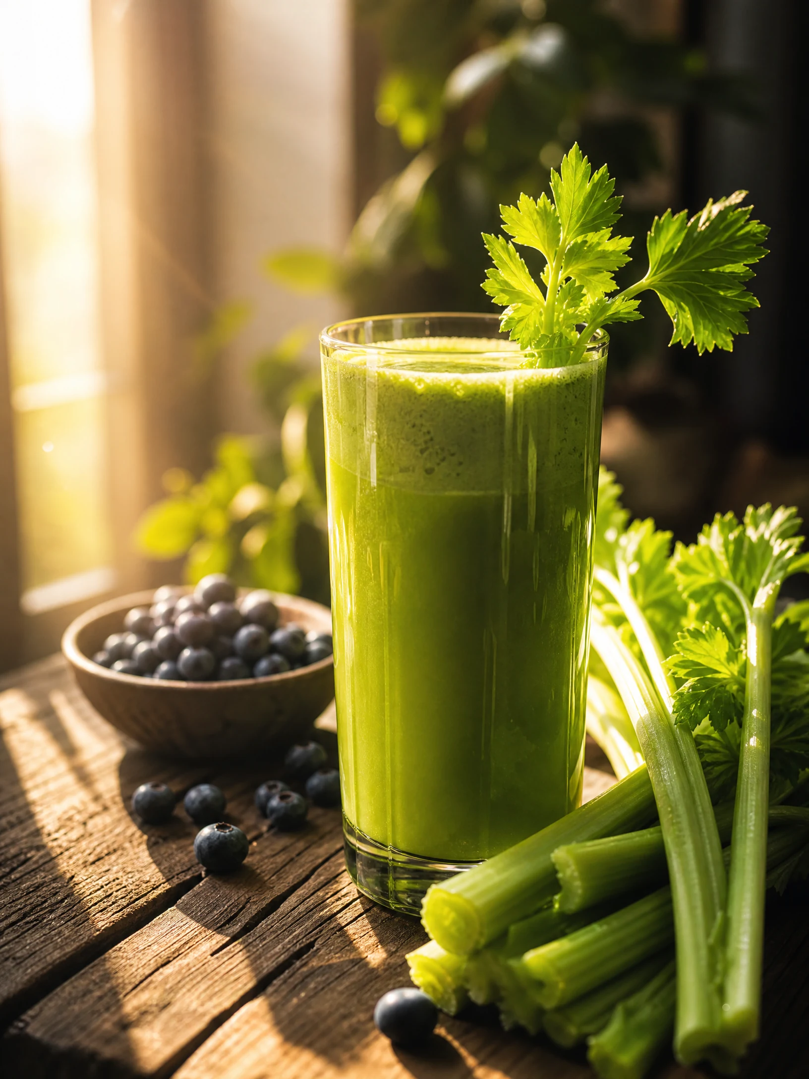 Frisches Glas Selleriesaft im Morgenlicht mit Blaubeeren
