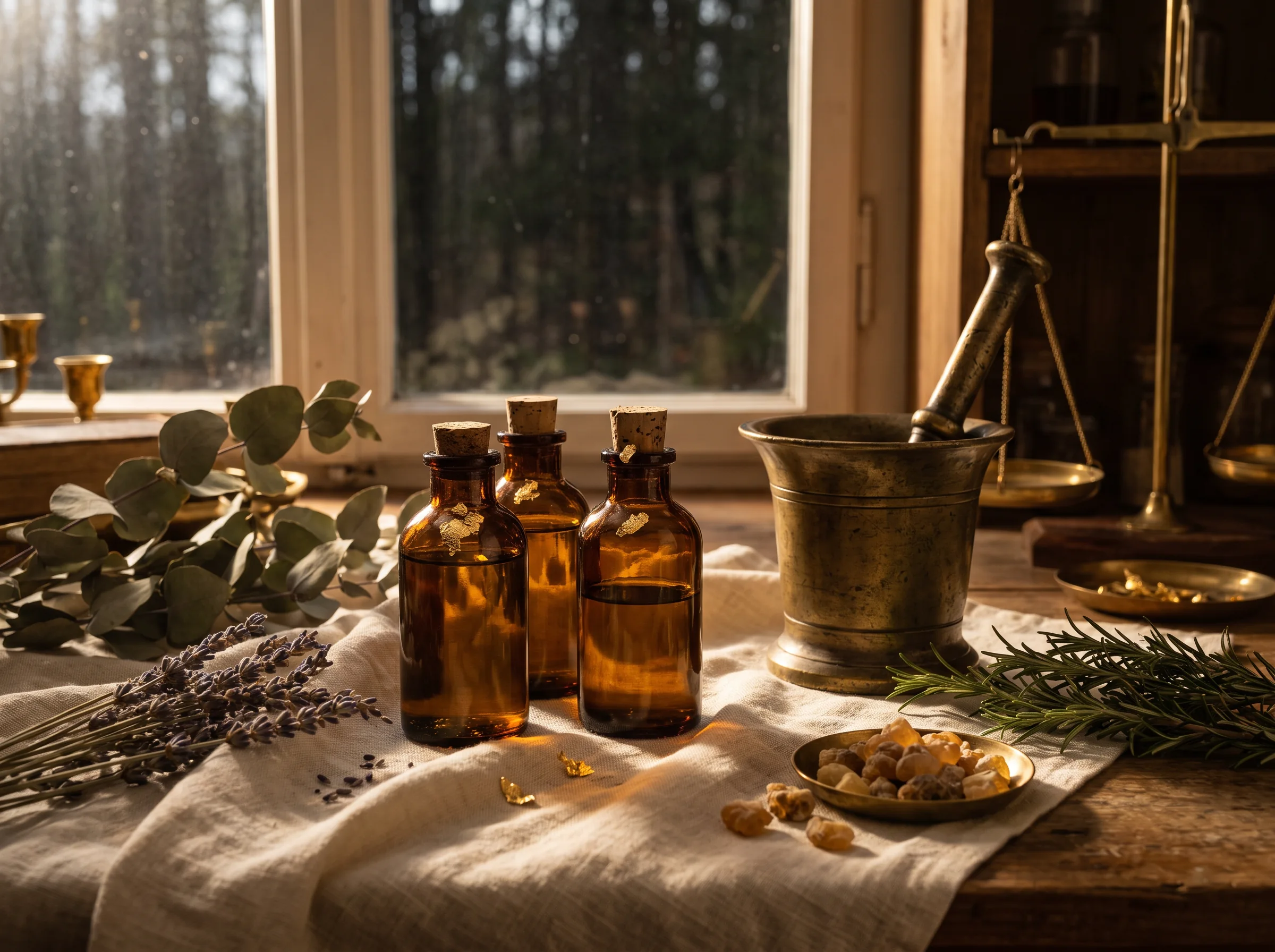 Ätherische Öle, Kräuter und Mörser als botanisches Apothekenstillleben