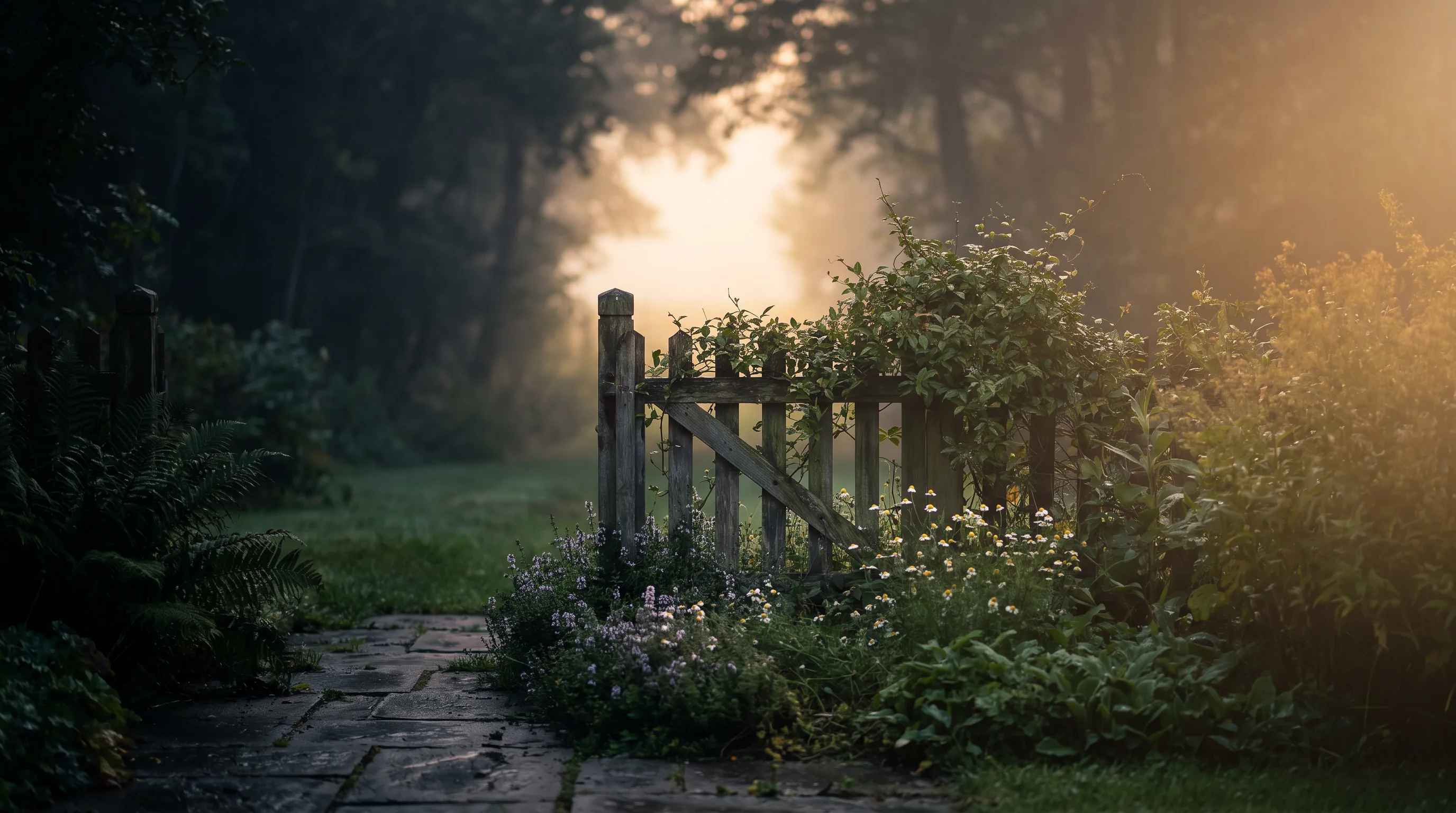 Gartenpfad mit wilden Kräutern und einem offenen Holztor im Abendlicht