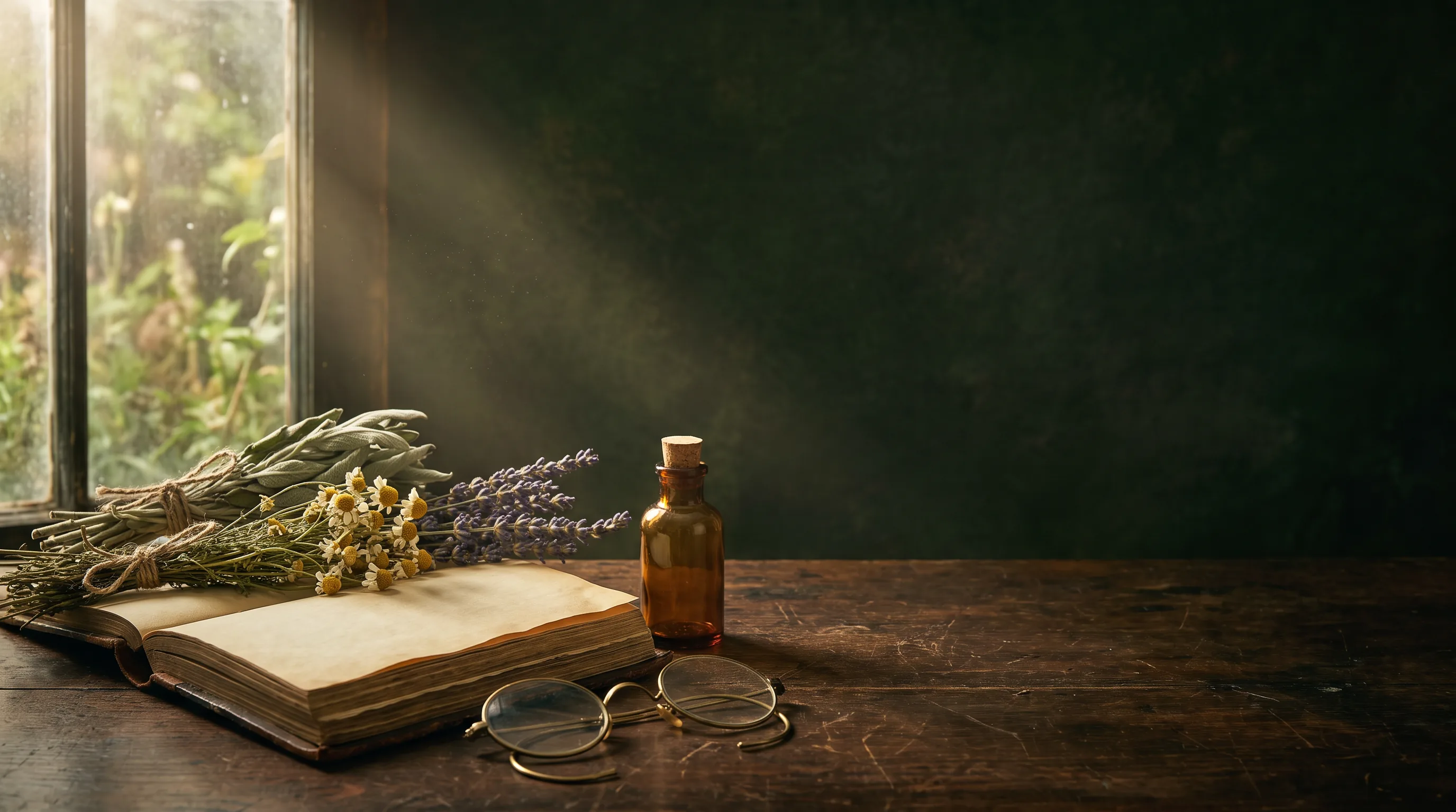 Historisches Buch, Kräuter und eine Apothekerflasche im Morgenlicht als Bildmetapher für verdrängtes Wissen