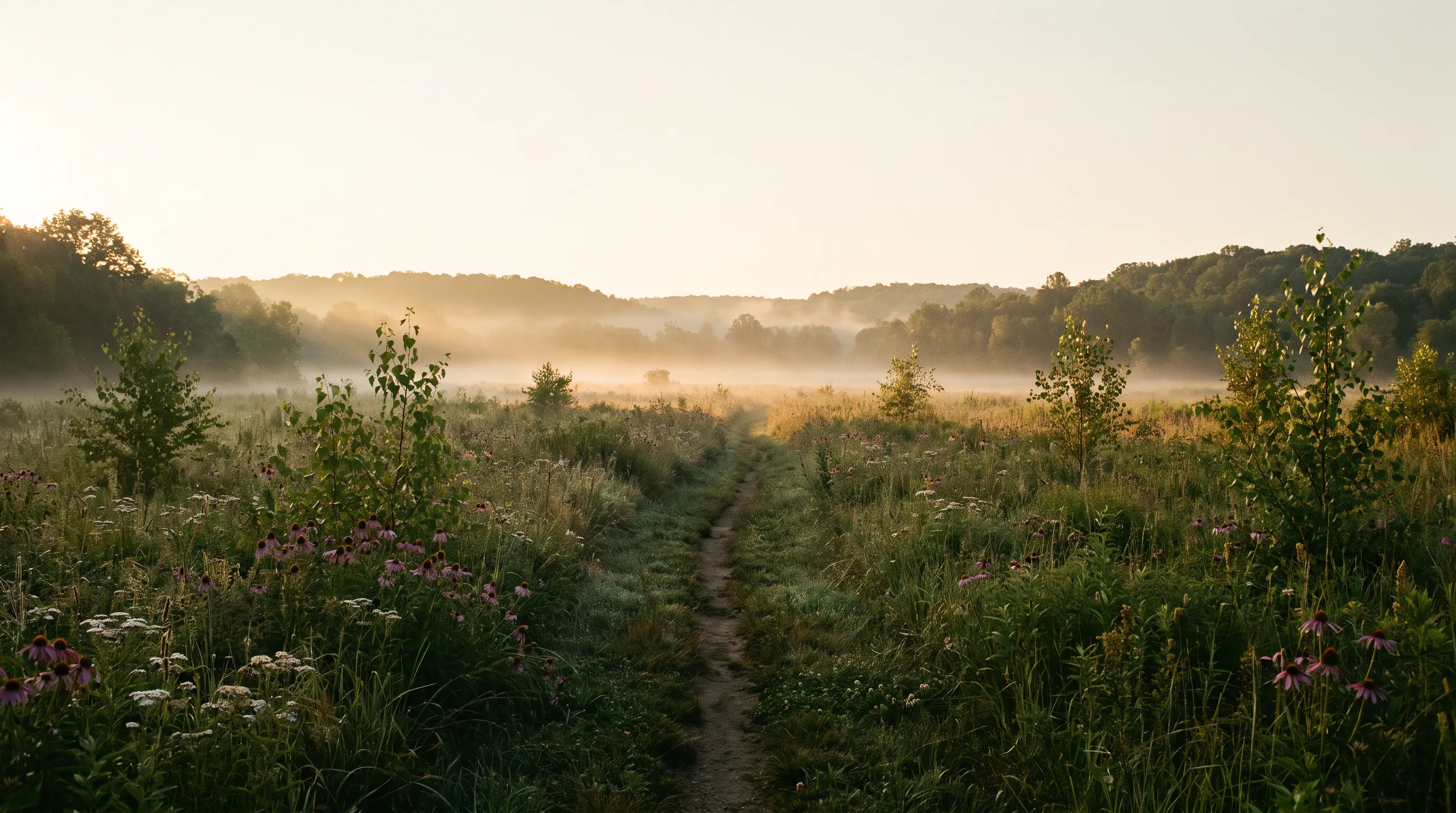 Pfad durch eine sonnenbeschienene Wildblumenwiese als Bildmetapher für bewusste eigene Schritte