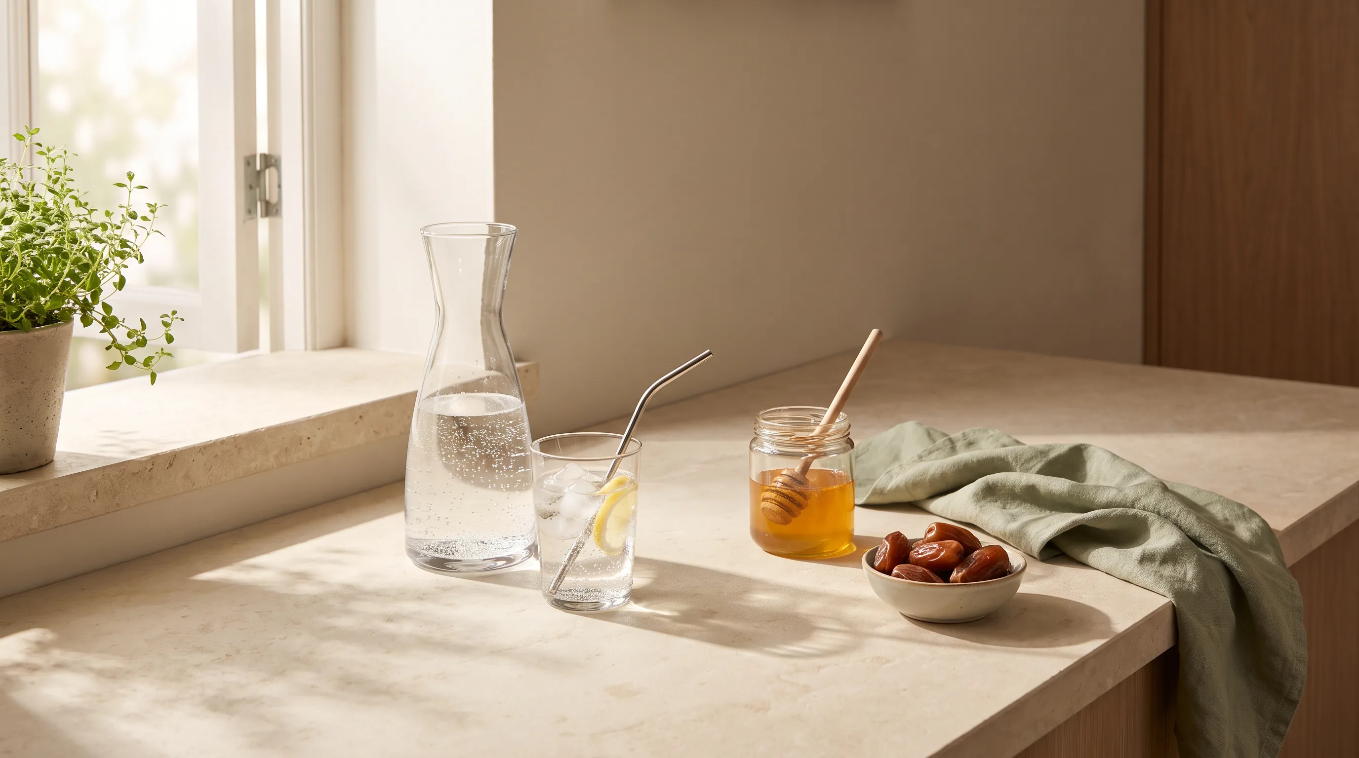 Wasser mit Zitrone, Honig und Datteln im Morgenlicht