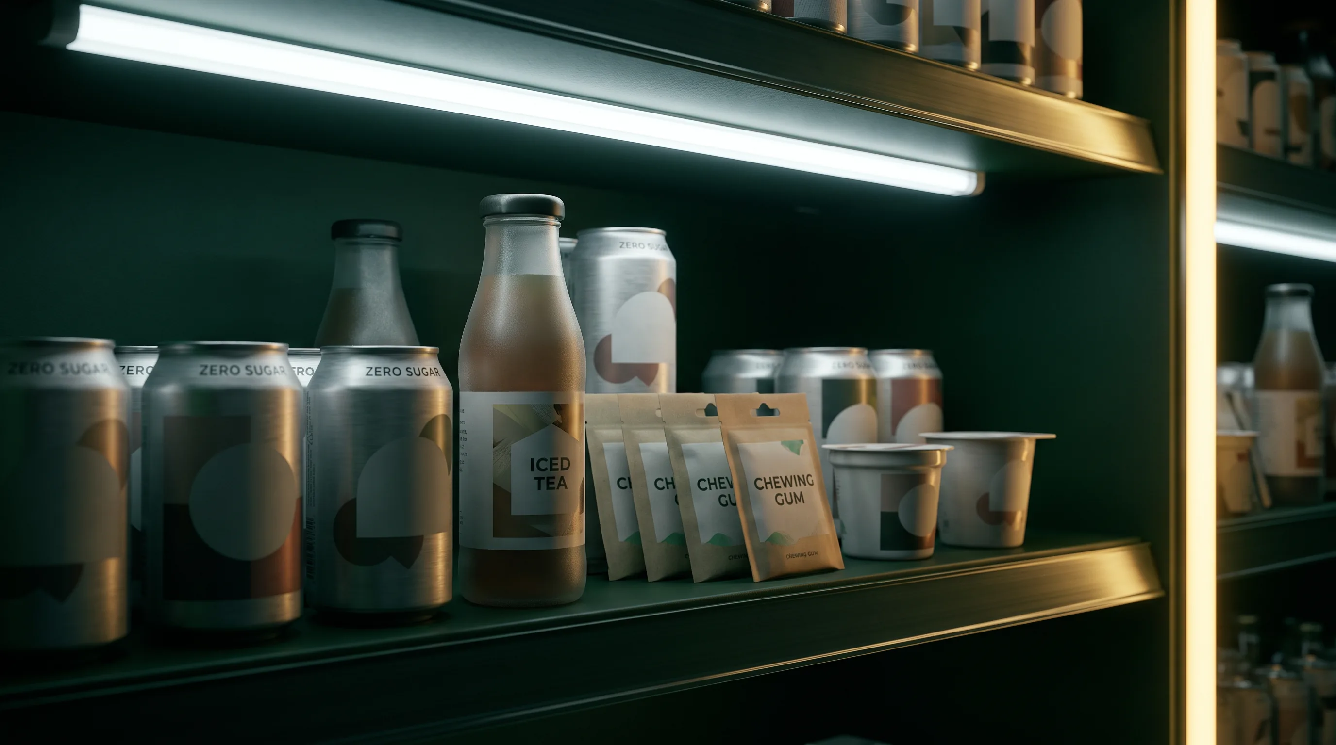 Unmarkierte Light- und zuckerfreie Produkte in einem dunklen Regal