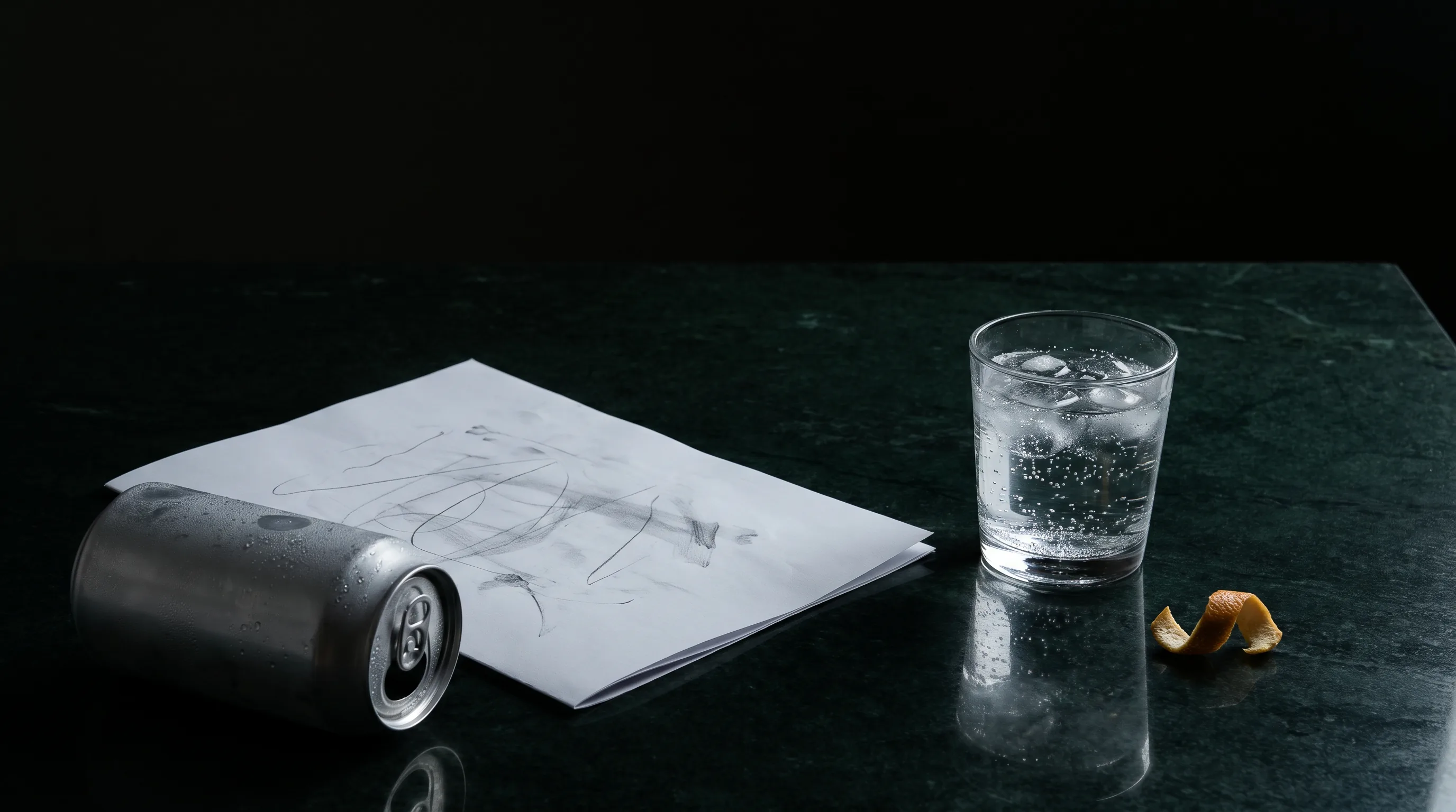 Unbeschriftete Dose, Glas Wasser und abstraktes Papier als Metapher für die Studienlage
