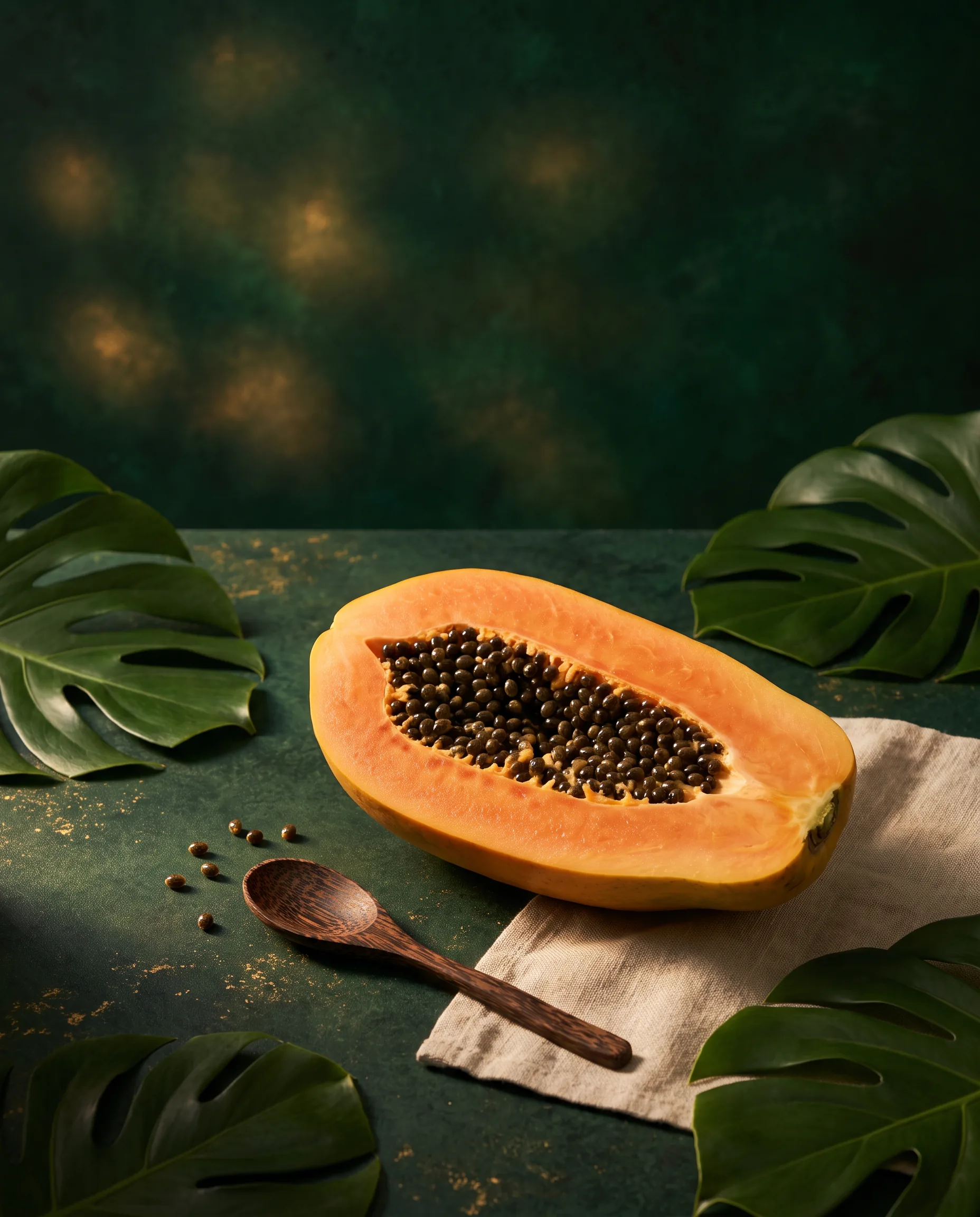 Aufgeschnittene Papaya mit schwarzen Kernen auf dunklem botanischem Untergrund