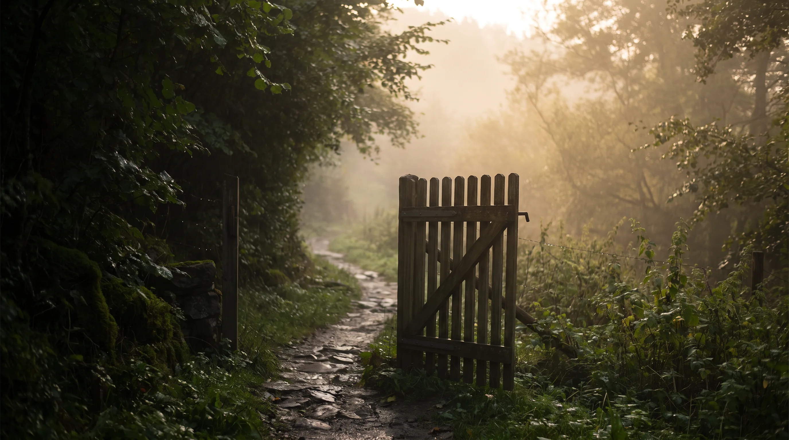 Gartenpfad und offenes Holztor im Morgenlicht als zurückhaltende Abschlussmetapher