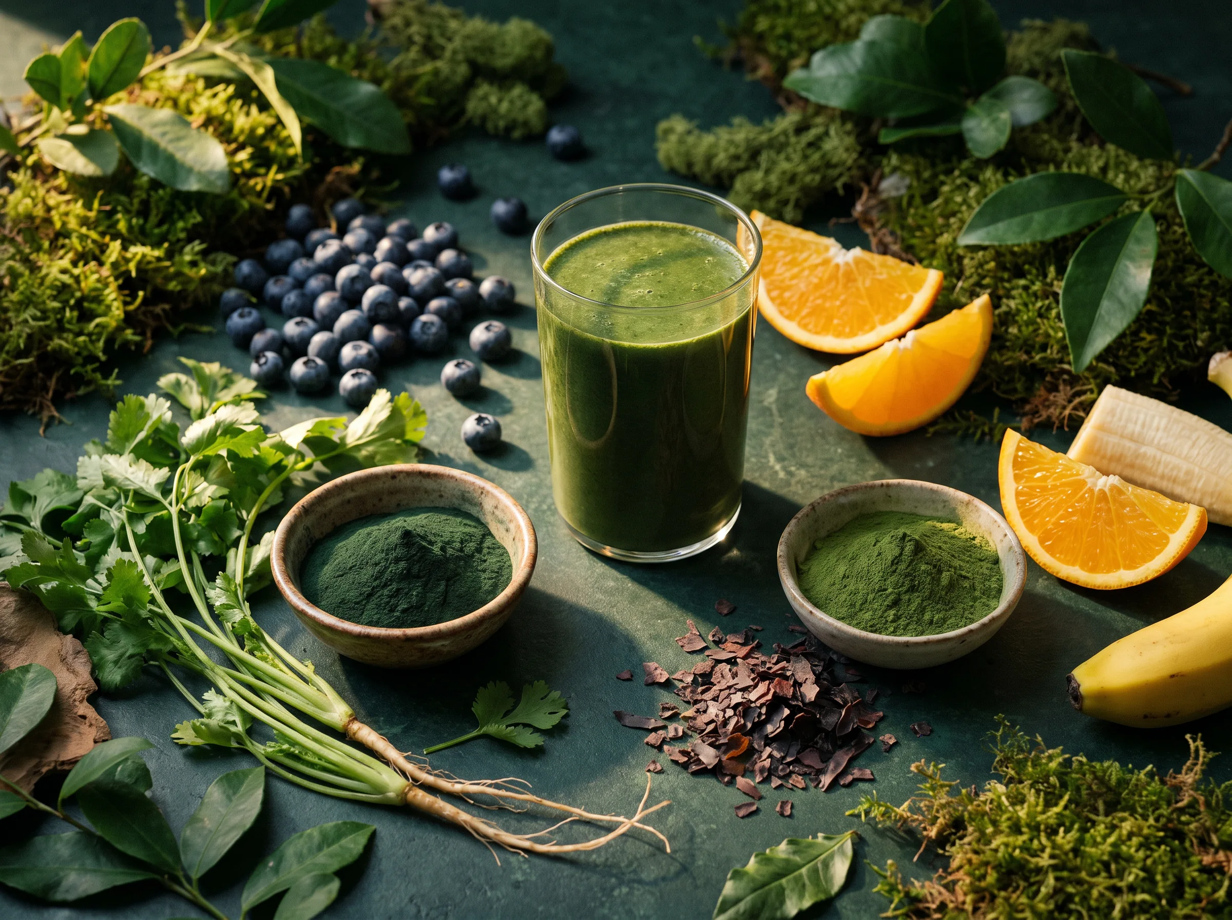 Botanische Zutaten eines grünen Smoothies mit Beeren und Kräutern