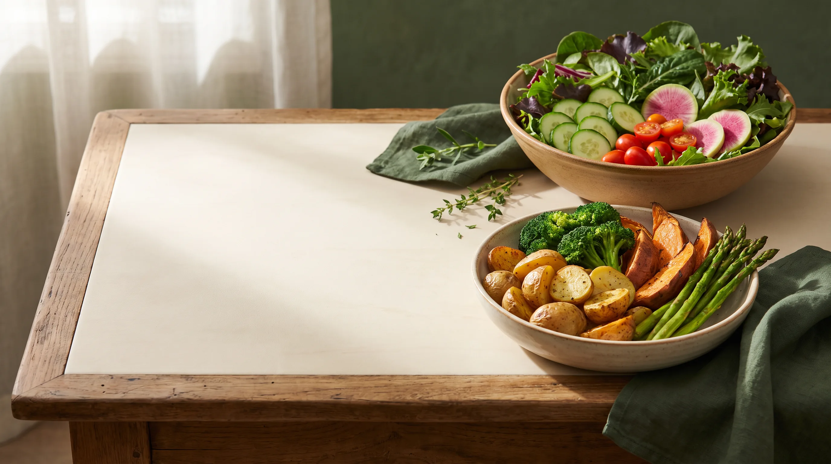 Pflanzlicher Salat und warmes Gemüse als Teil eines ruhigen Tagesplans