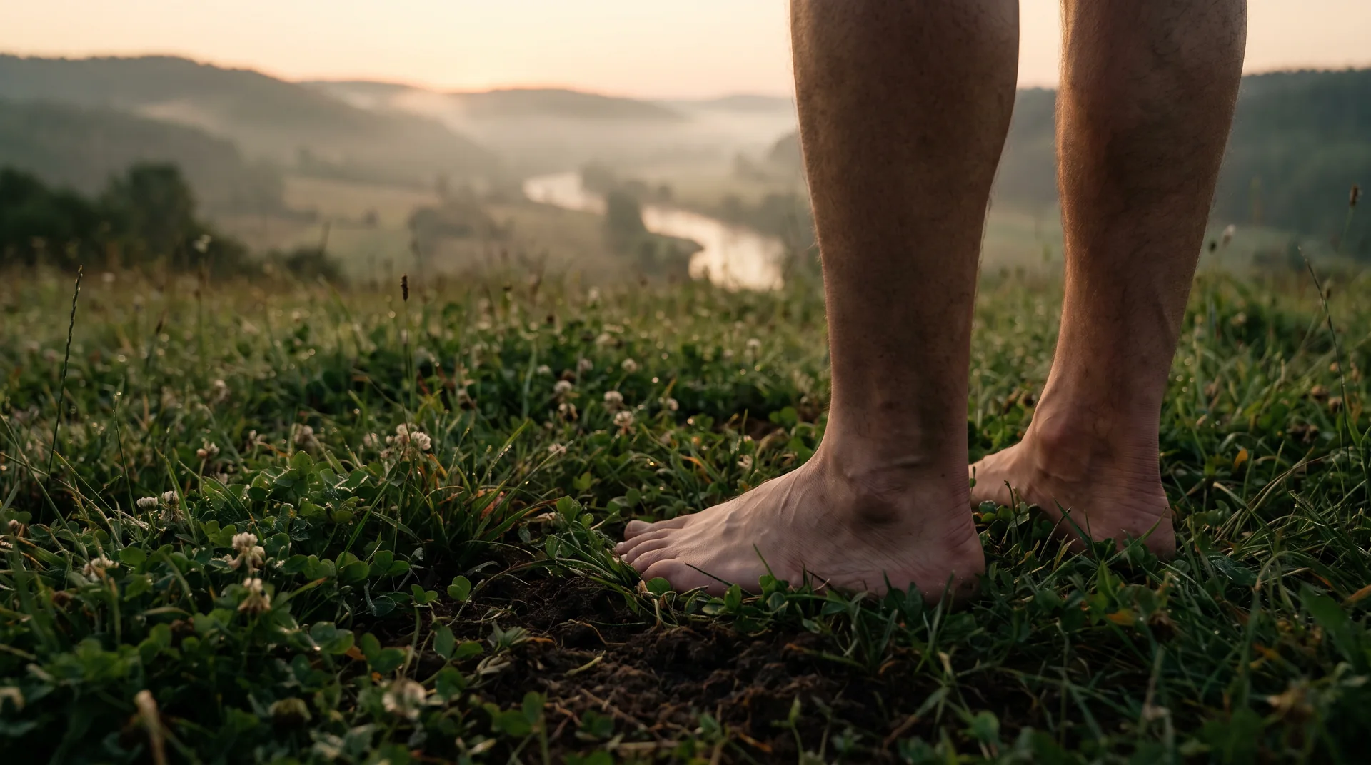 Bare Füße auf taufrischem Gras im Morgenlicht als Bild für die Rückkehr zur Erde