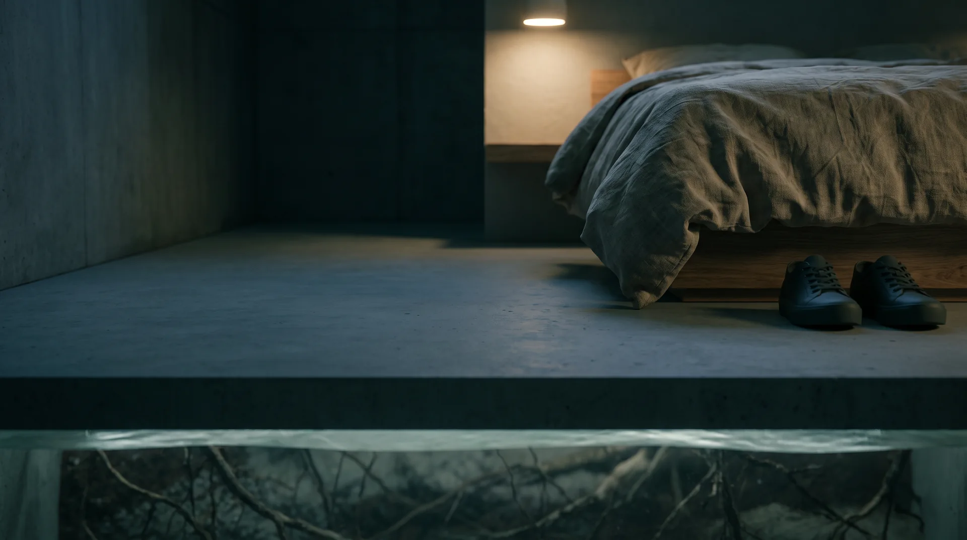 Modernes Schlafzimmer über der fernen Erde als Metapher für eine gekappte Verbindung