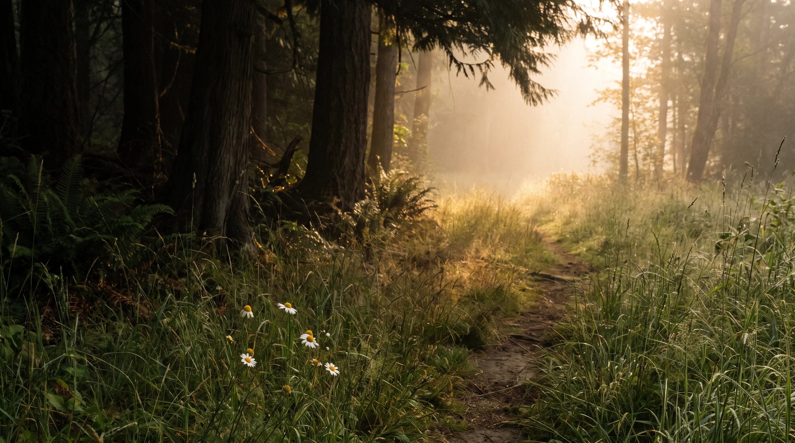 Waldpfad im Morgenlicht als Metapher für ein inneres Ankommen