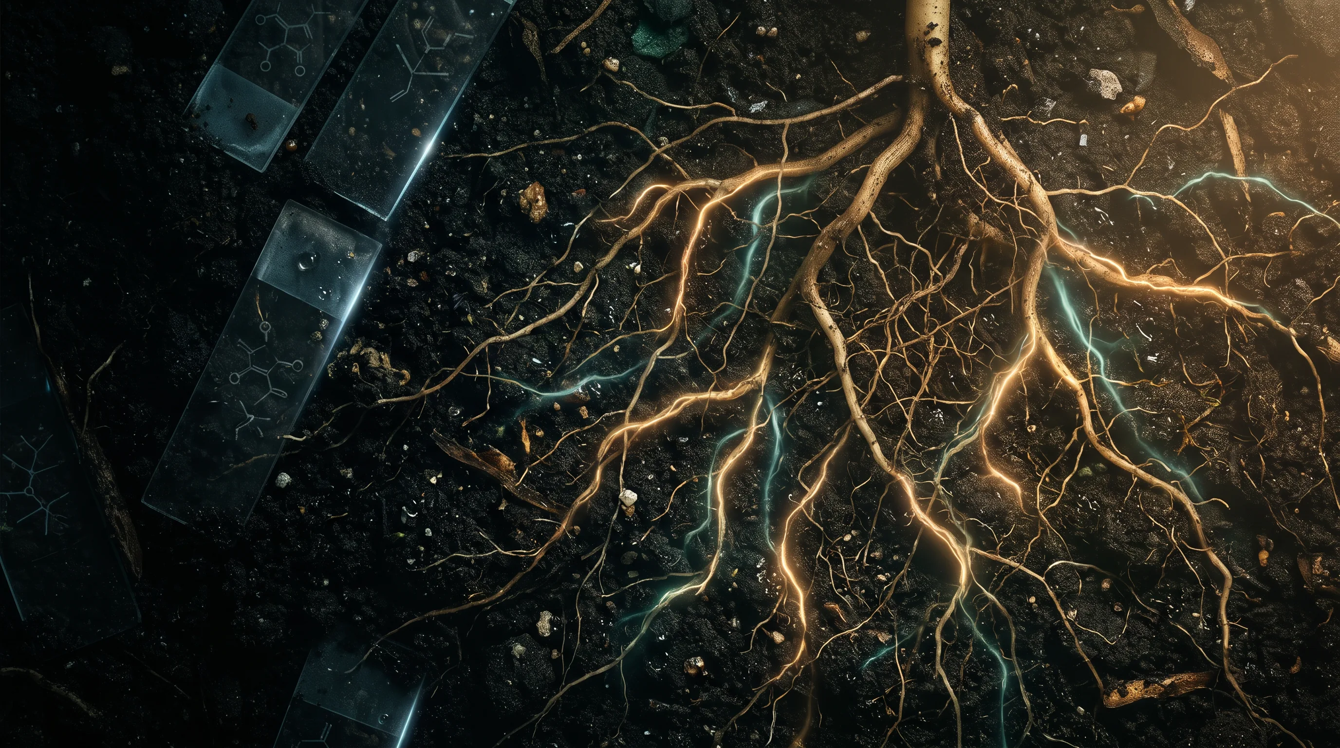 Botanische Wurzeln und Lichtlinien als Metapher für das Feld des Lebens