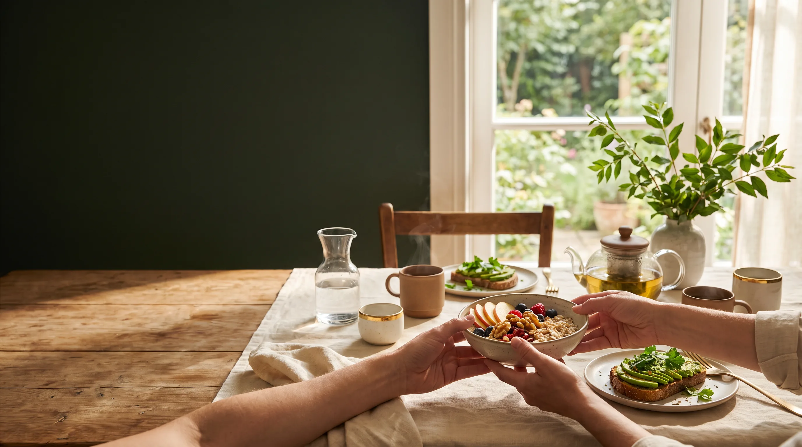 Gemeinsames gesundes Frühstück mit frischen Lebensmitteln, Nüssen und Samen