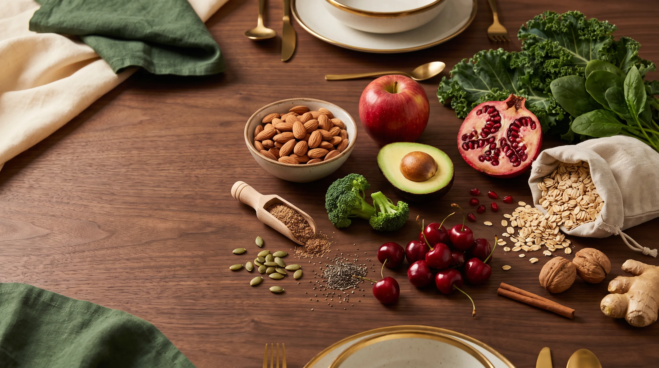 Vielfältige pflanzliche Lebensmittel mit Obst, Gemüse, Nüssen, Samen und Kräutern