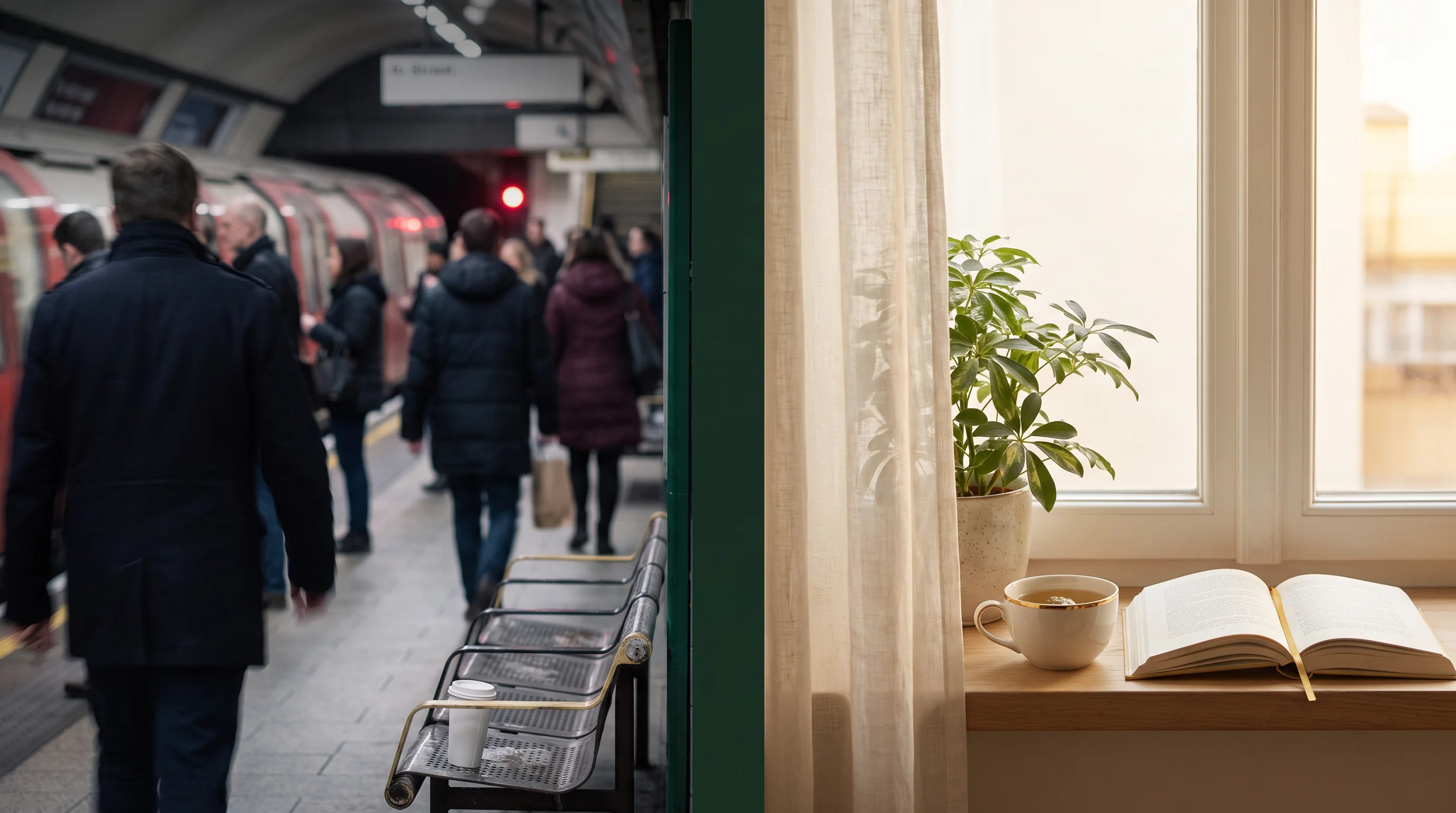 Kontrast aus urbanem Alltagsstress und ruhiger Kaffeepause am Fenster