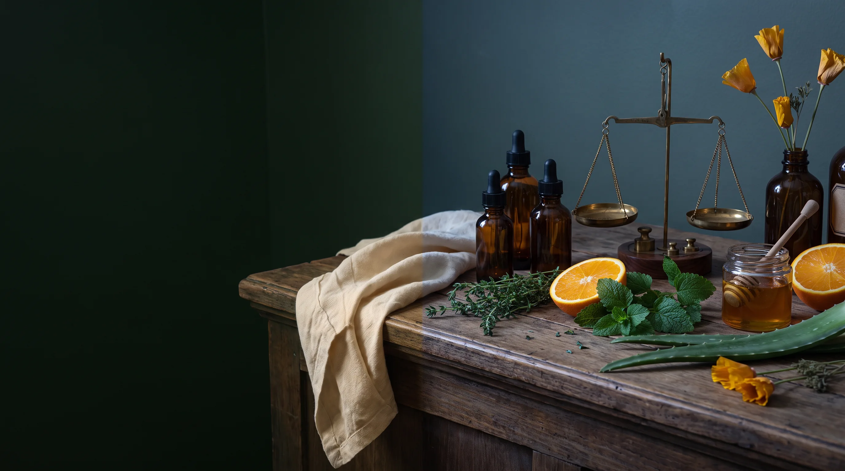 Botanische Tinkturen und Kräuter in einer warmen Apothekenwelt
