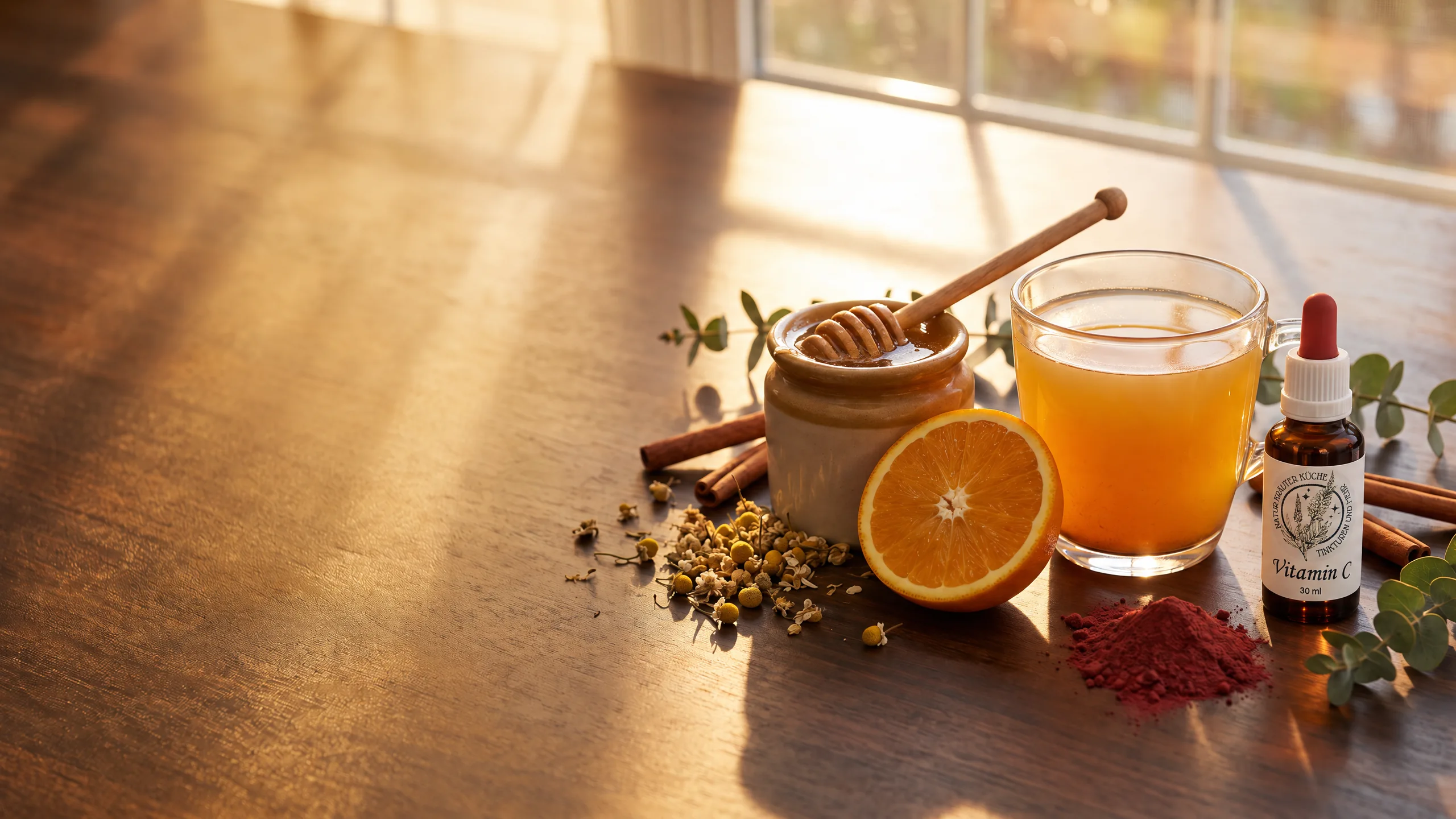 Katrins Vitamin-C-Tinktur neben Orangen und Honig in warmem Gegenlicht