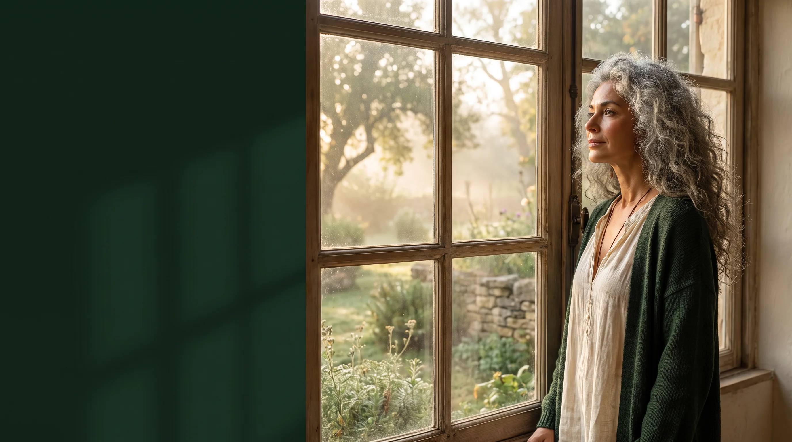 Mara am Fenster in einem morgendlichen Garten