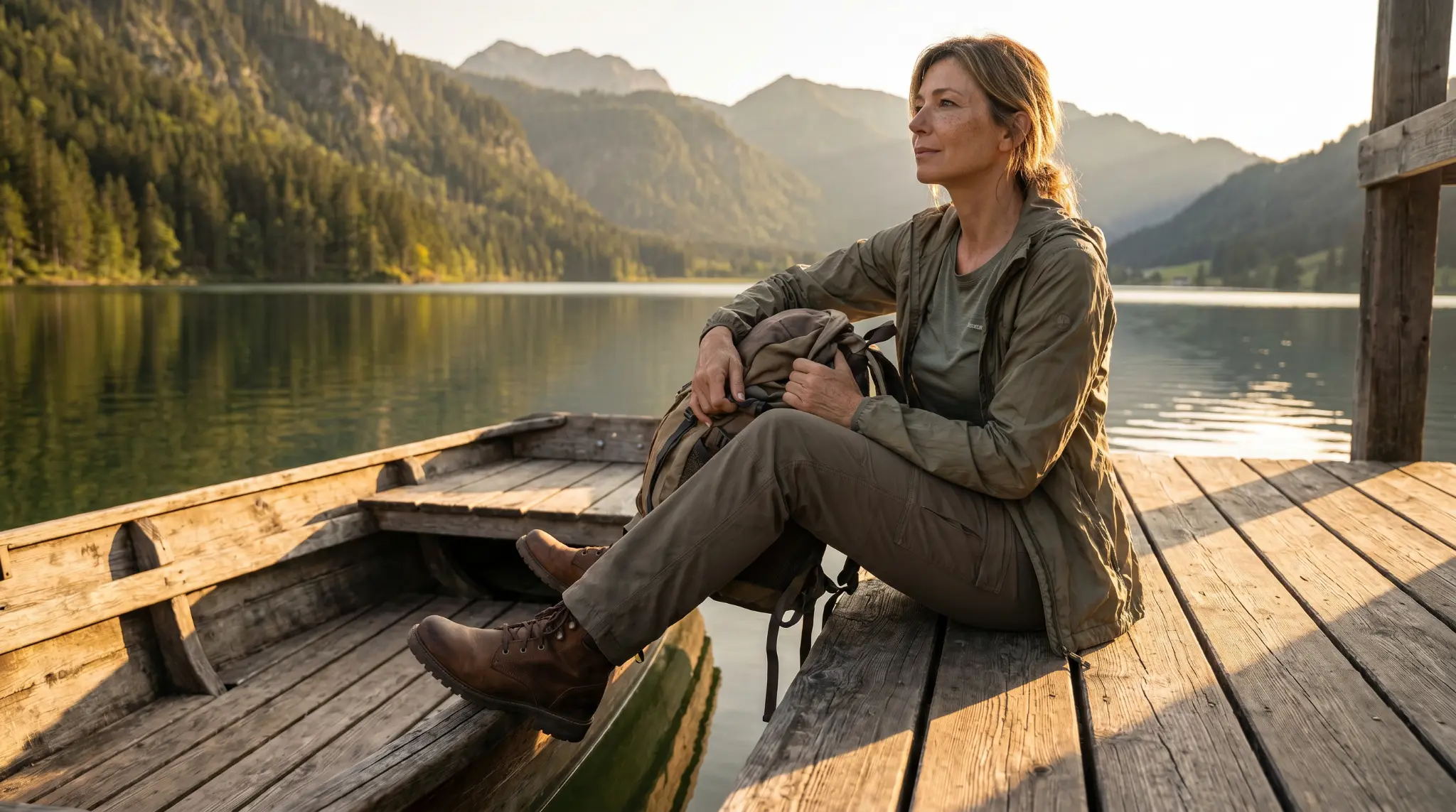 Frau am Bergsee — nachdenklich