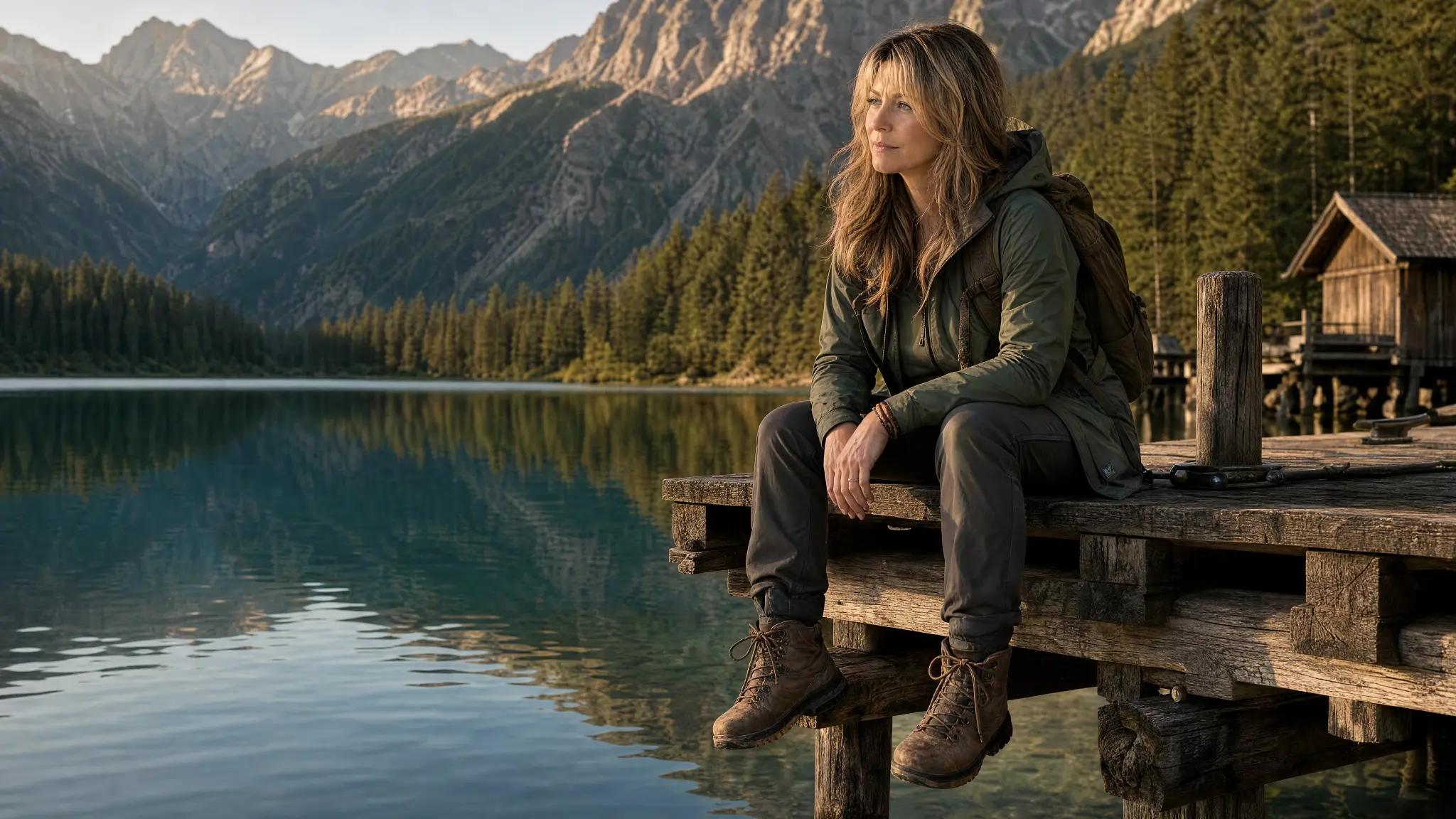 Frau am Bergsee im Morgengrauen