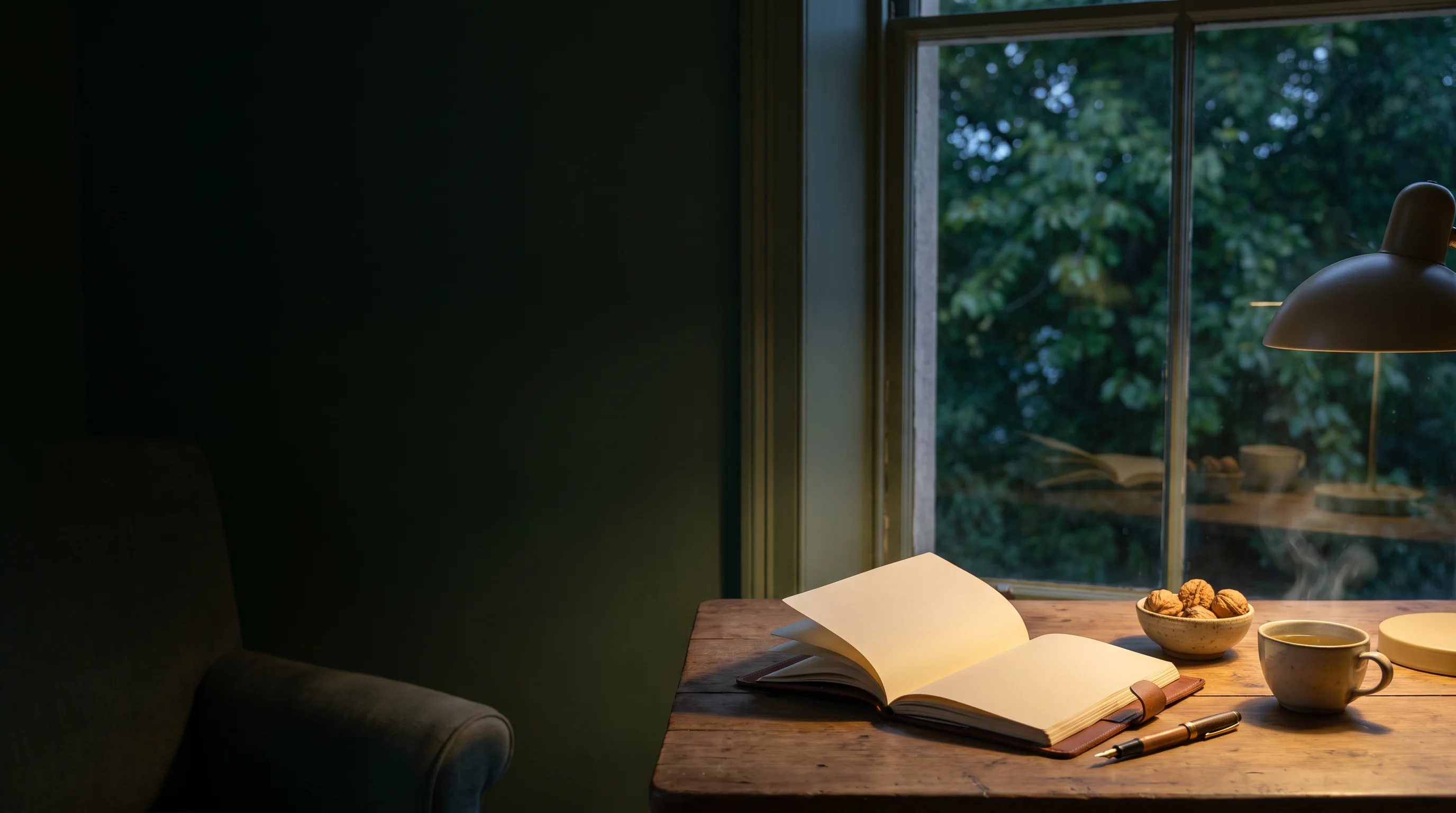 Ruhiger Studienraum mit Notizbuch, Tee und botanischen Details
