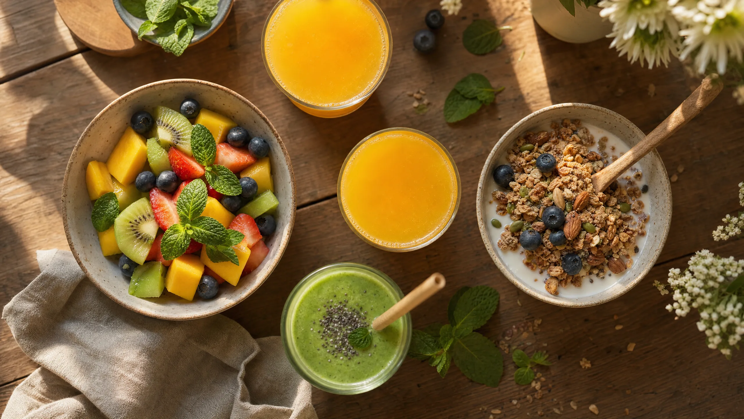 Gesundes Frühstück mit Früchten und Säften