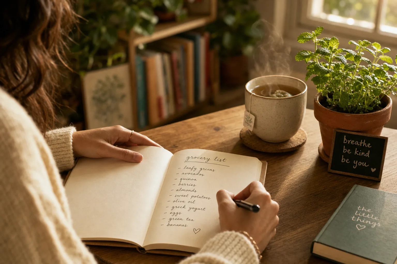 Frau schreibt Einkaufsliste in Notizbuch