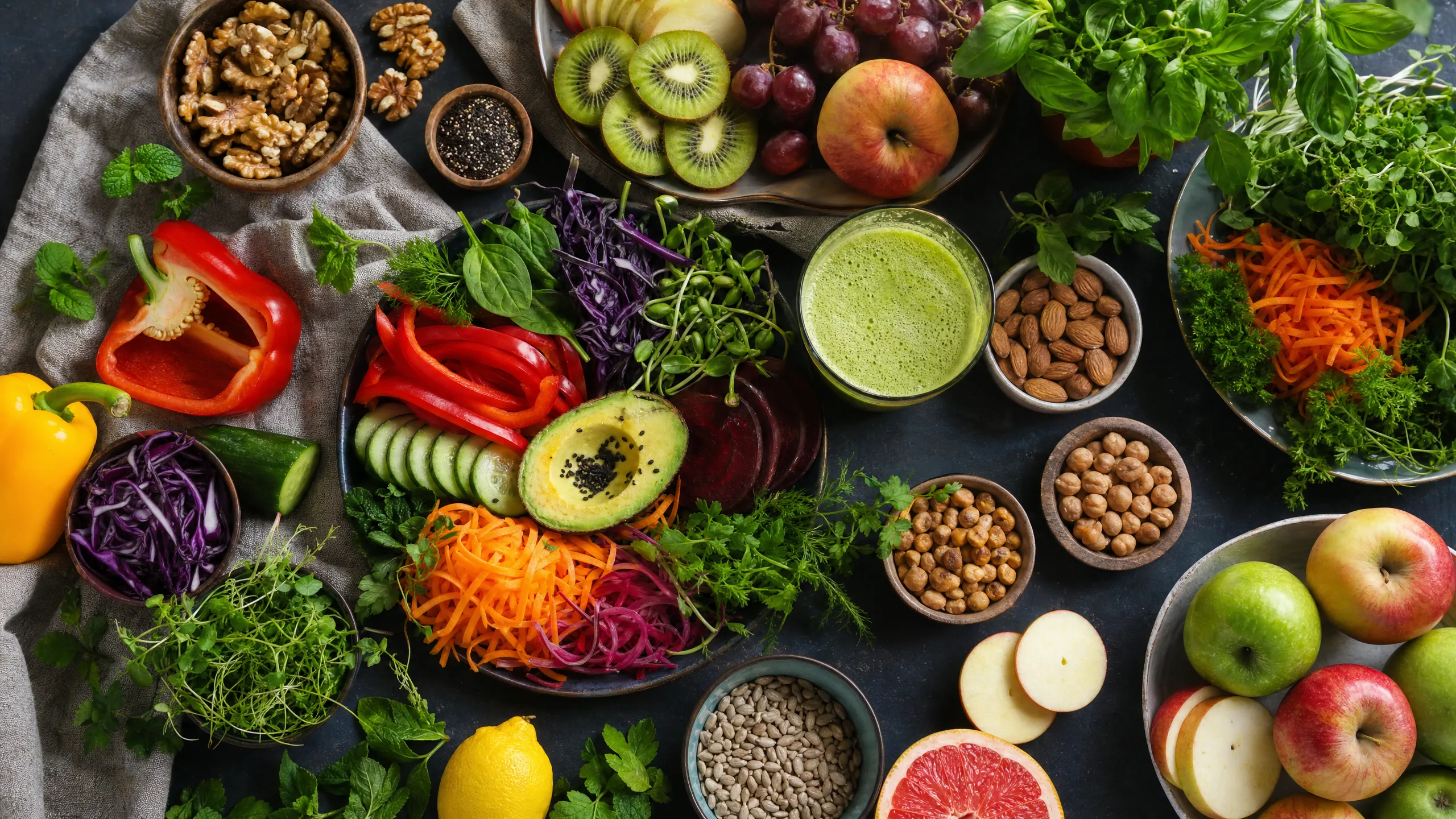 Vegane Rohkost — bunte Gemüse und Früchte