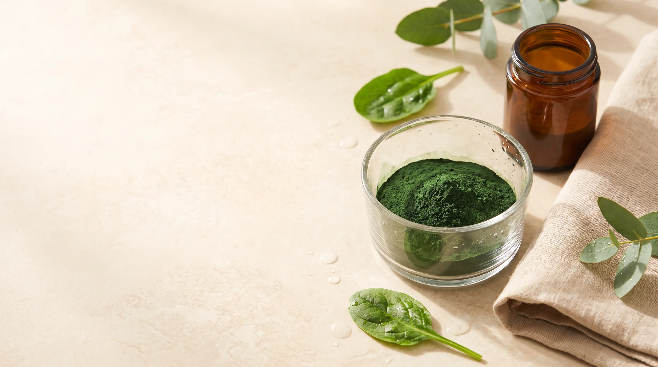 Chlorella-Pulver und Glasgefäß als botanische Metapher für natürliche Binder