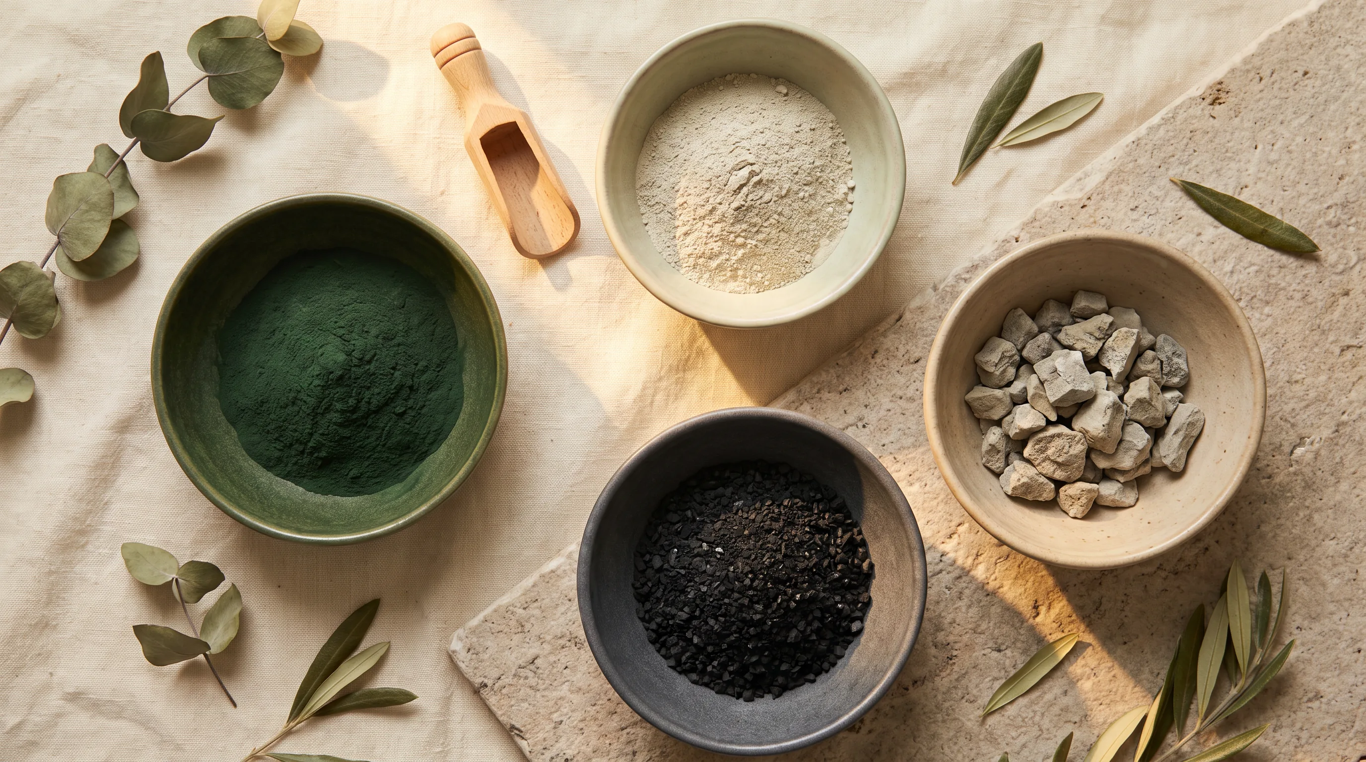 Chlorella, Bentonit, Aktivkohle und Zeolith als natürliche Binder in Keramikschalen