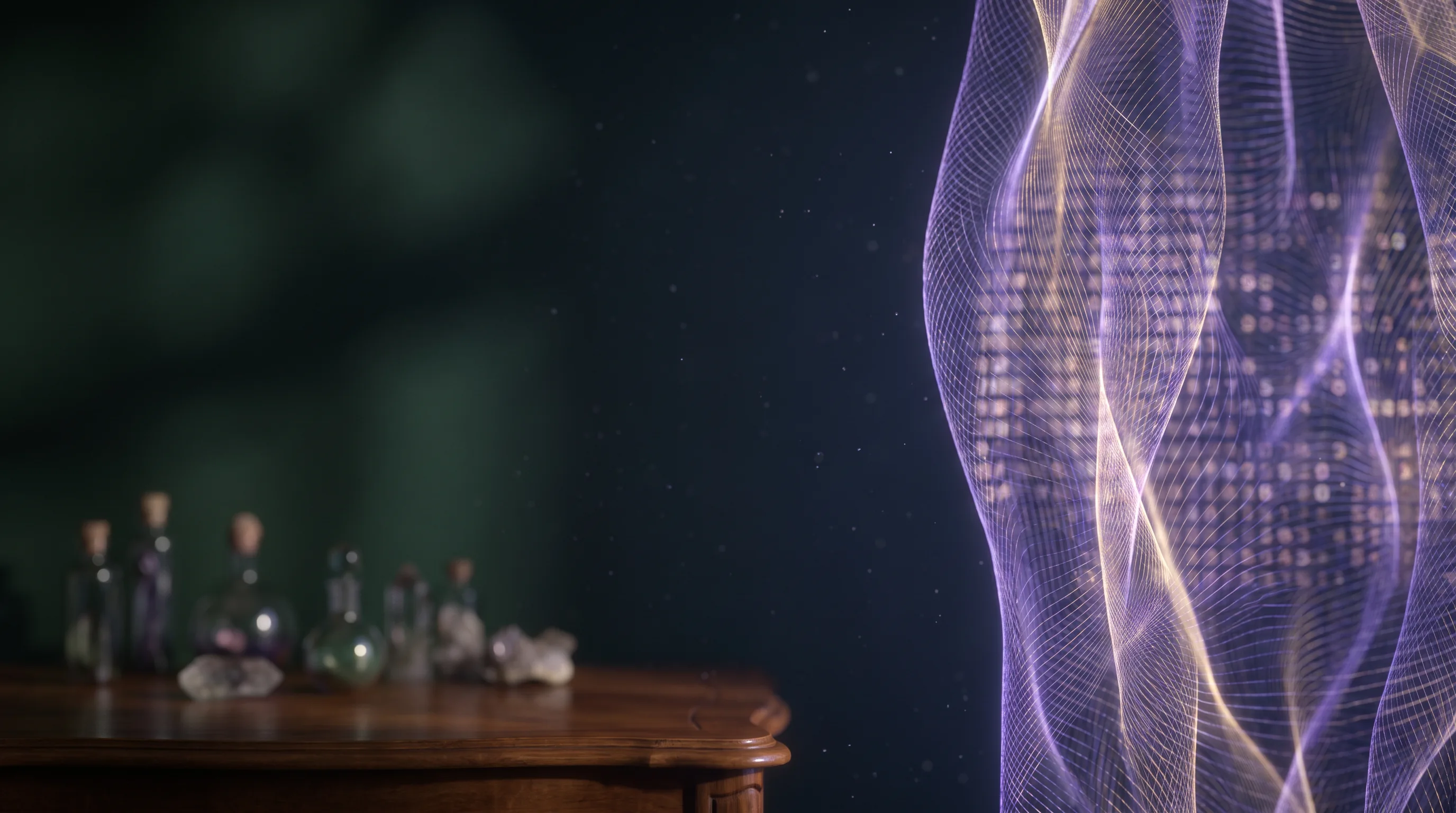 Violette und goldene Lichtfilamente als Metapher für die digitale Matrix der Radionik