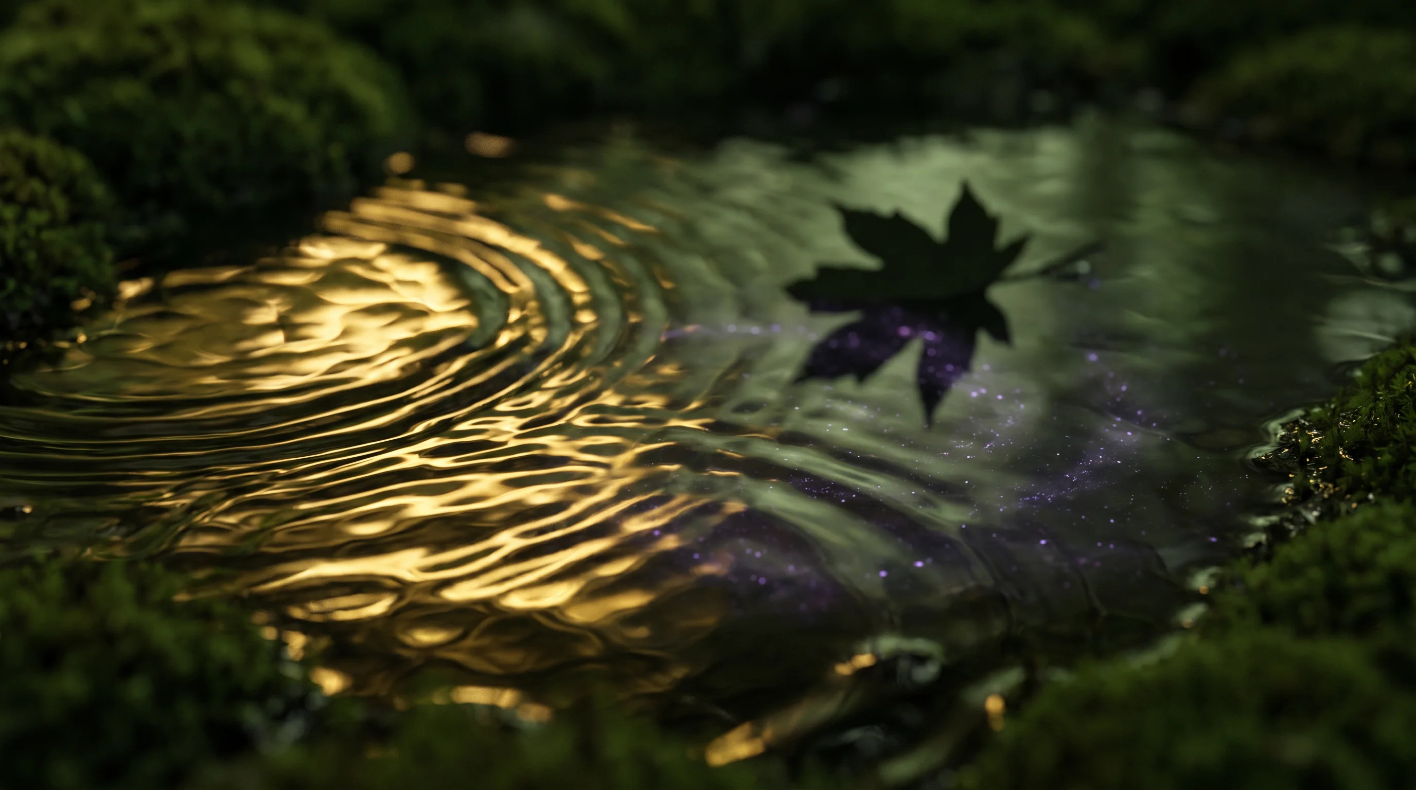 Goldene Wasserwellen und Blattschatten als Bild für Schwingung und innere Ordnung