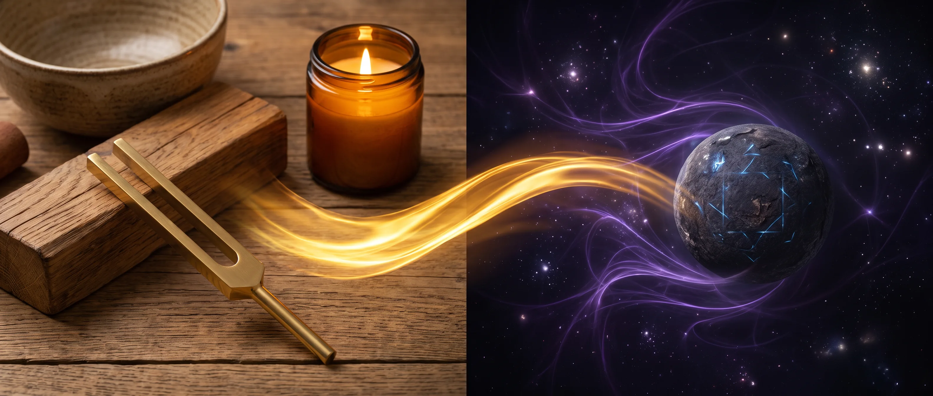 Warme Klangarbeit und violette Radionik-Welt fließen über einen goldenen Lichtweg ineinander