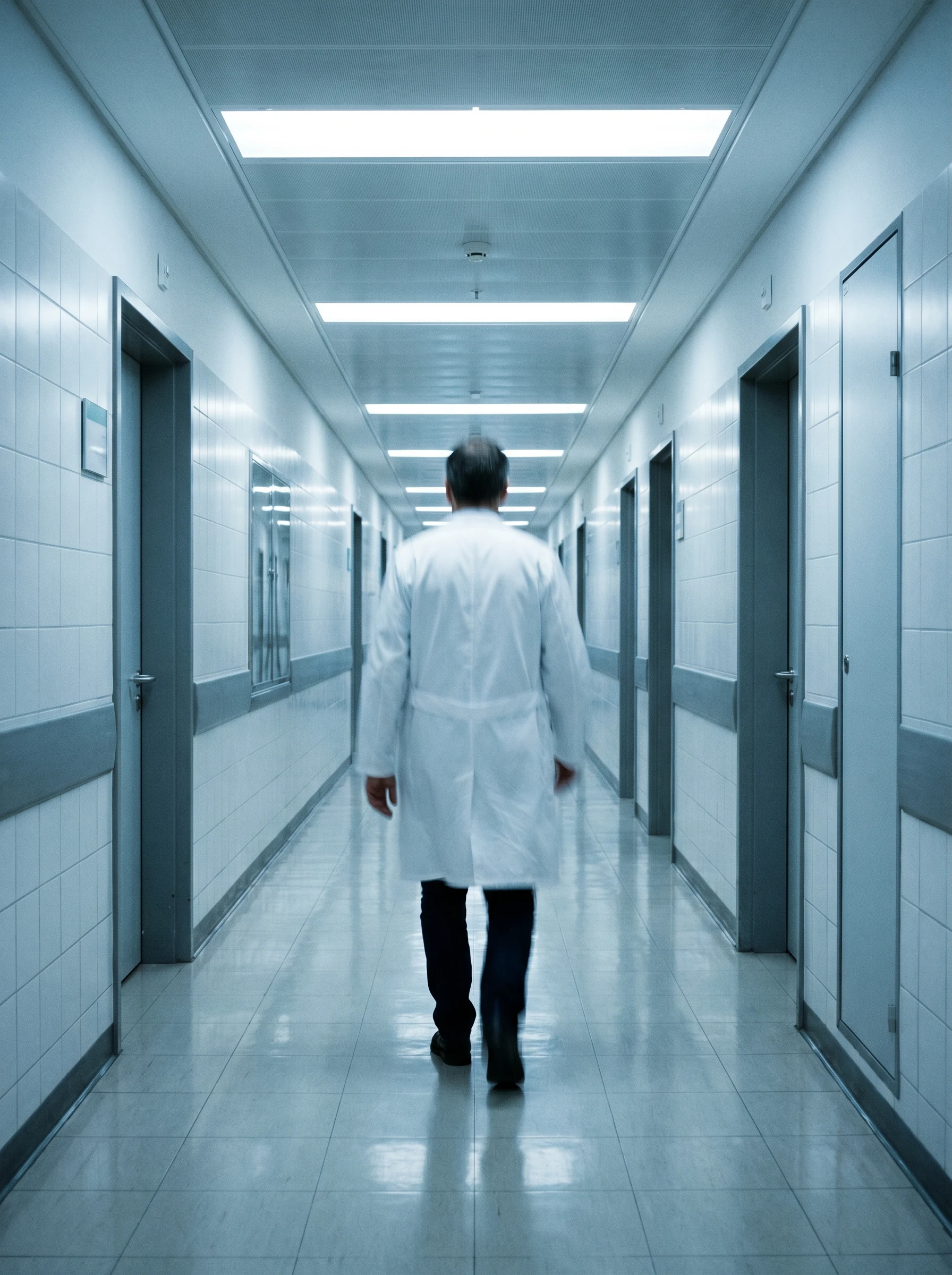 Arzt von hinten im Krankenhausflur — Symbol für das medizinische System