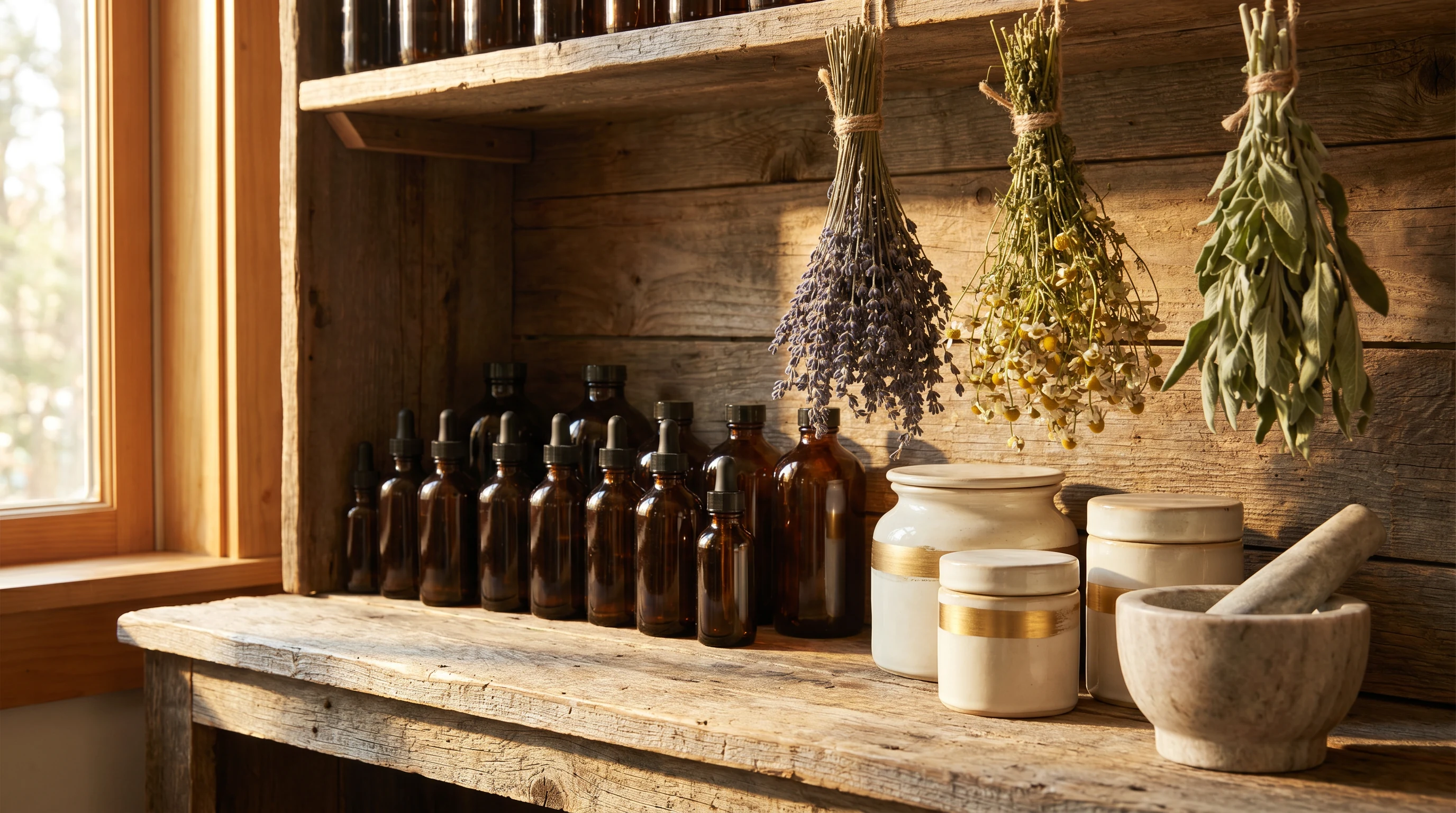 Regal mit Tinkturen und Kräutern — natürliche Heilmittel in Bio-Qualität
