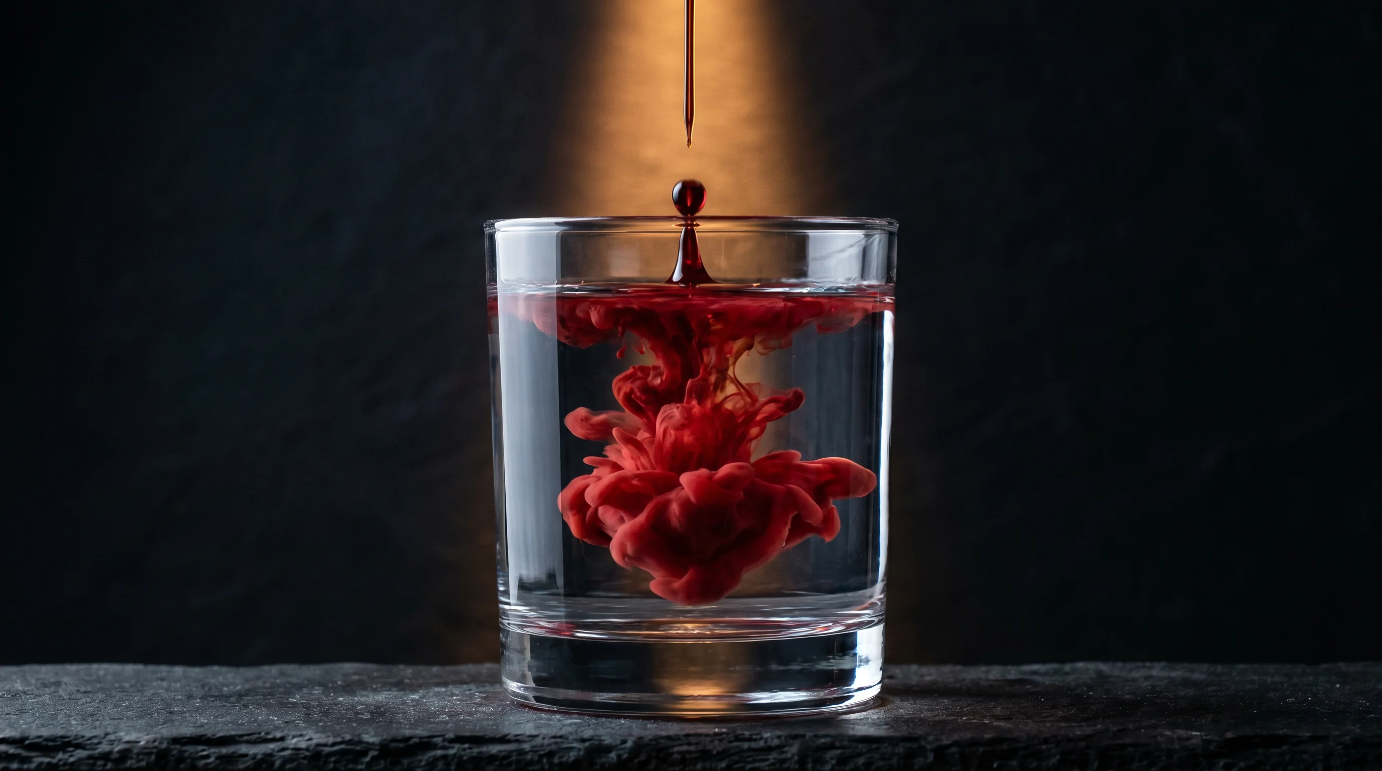 Rote Flüssigkeit in Glas, Licht bricht durch — Metapher für das Dirty Blood Syndrom
