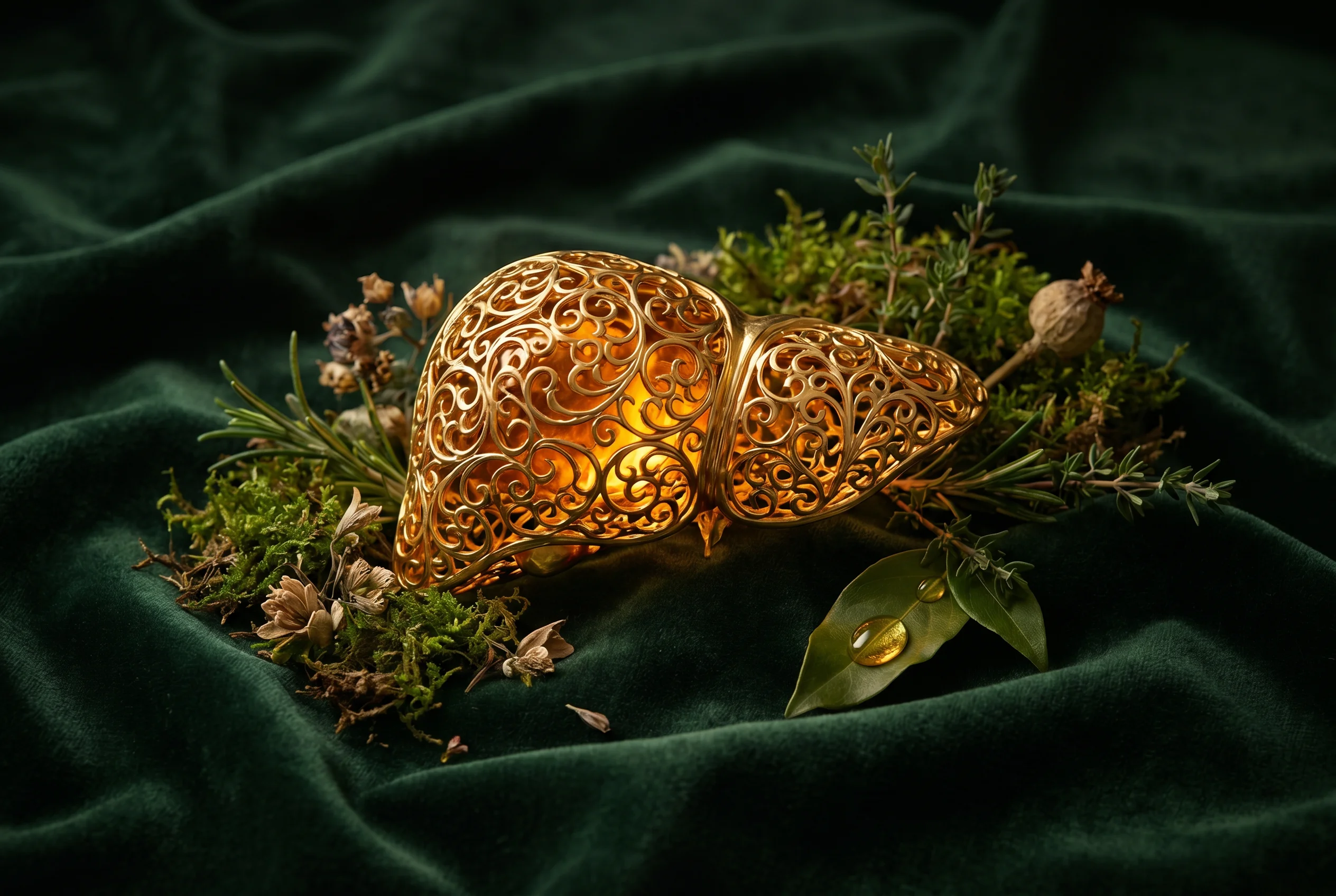 Goldene Leber-Skulptur auf dunklem Untergrund — die Leber als Proteinproduzent