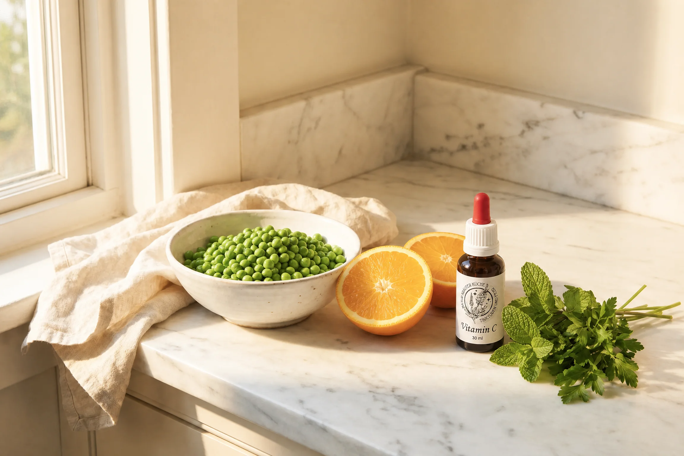 Frische Erbsen und Vitamin C Früchte — natürliche Hautpflege von innen