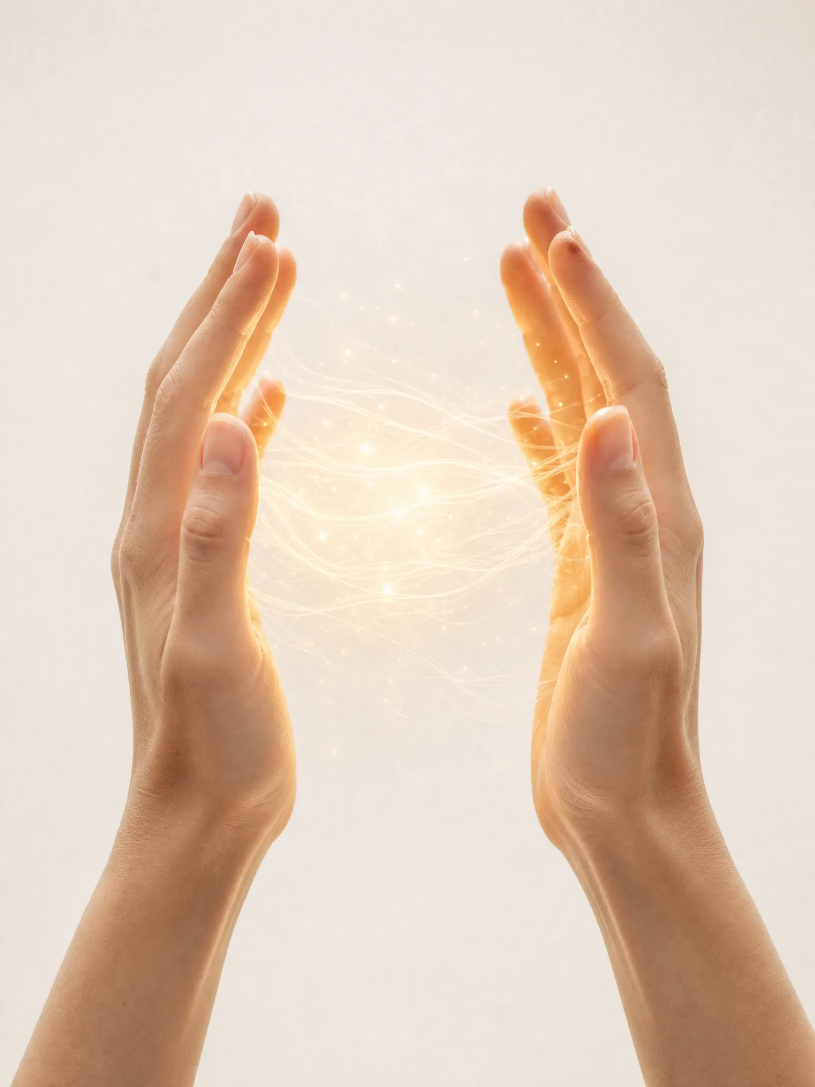 Zwei Hände mit Lichtenergie zwischen den Handflächen — Resonanz und Verbindung