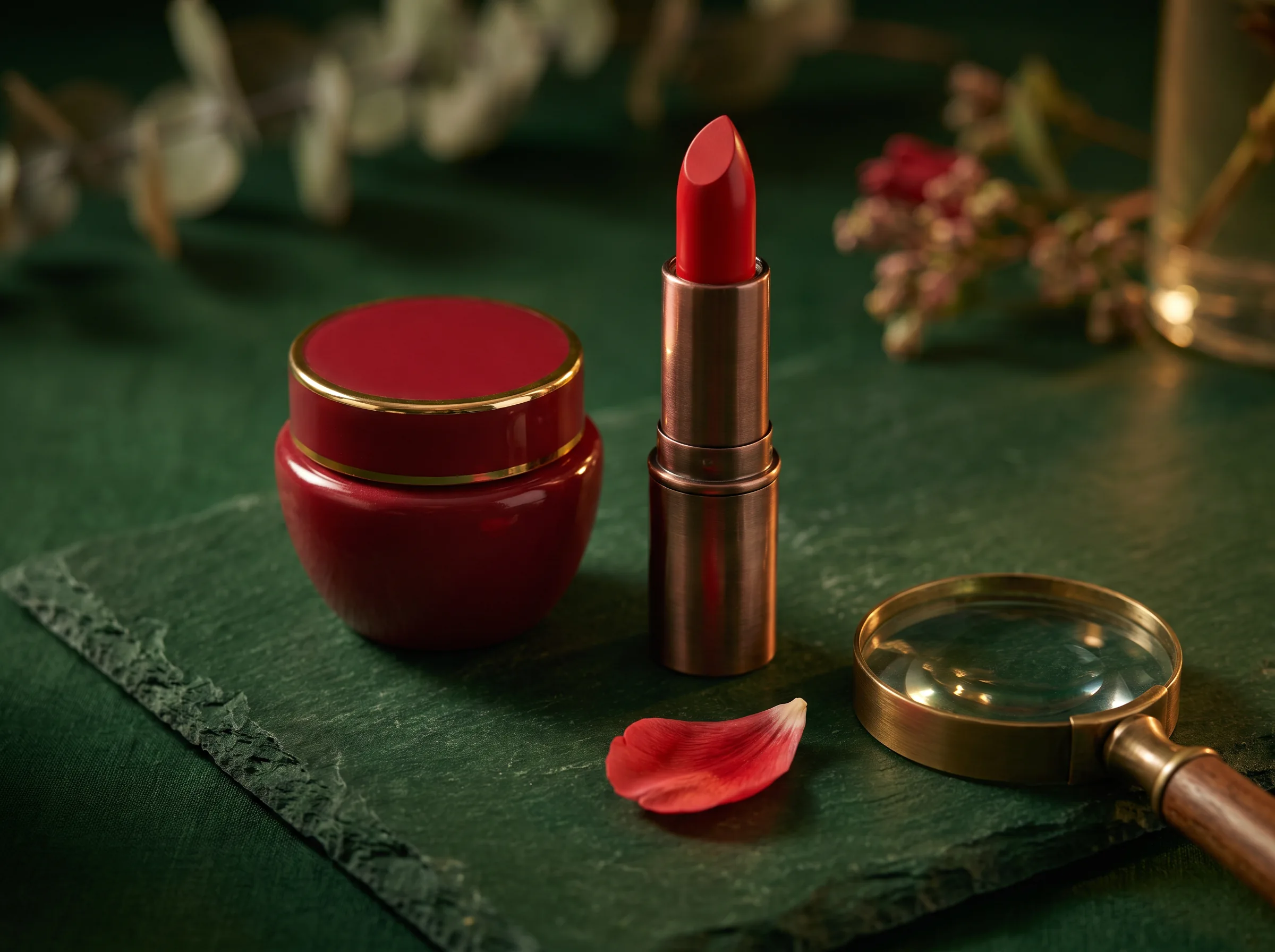 Roter Lippenstift, Kosmetiktiegel und Lupe als Metapher für Karmin in Kosmetik
