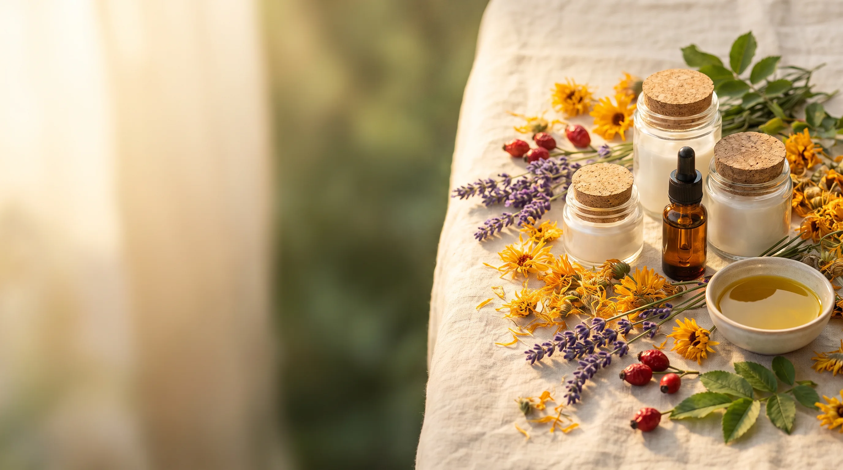 Pflanzliche Naturkosmetik mit Blüten und reinen Ölen auf hellem Leinen