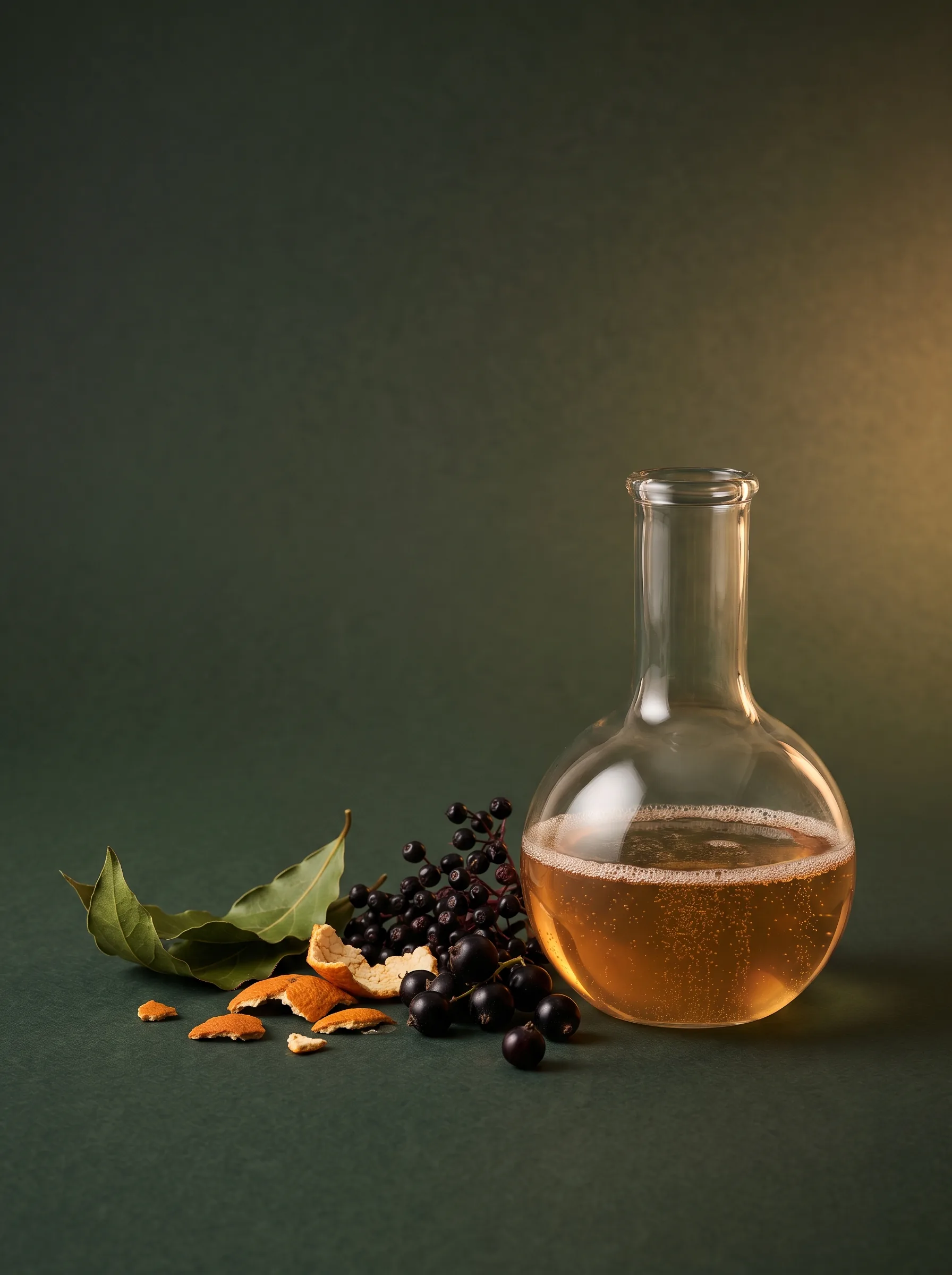 Pflanzliche Zutaten und ein klares Fermentationsgefäß als Materialmetapher